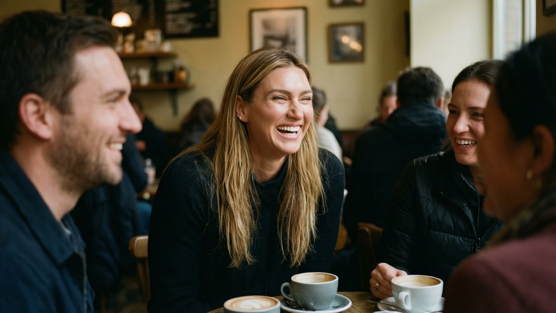 Happy Cafe Moment 壁紙 — 三個朋友在一個舒適、燈光溫暖的咖啡館裡，圍著木桌，牆上掛著裱框藝術品，一起笑著喝咖啡。