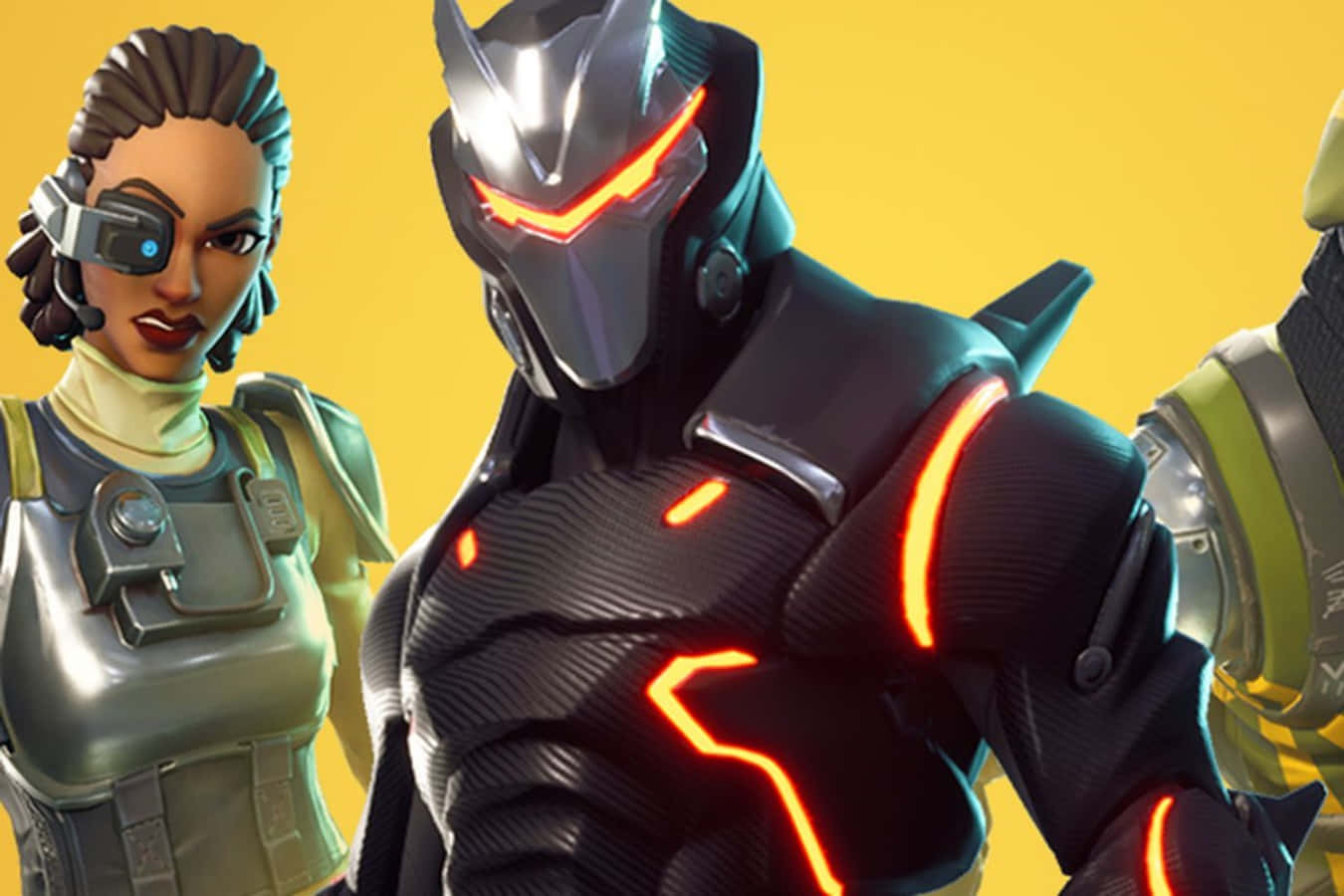 三個身穿未來裝甲、帶有發光橙色點綴的Fortnite角色。 — Fortnite 壁紙