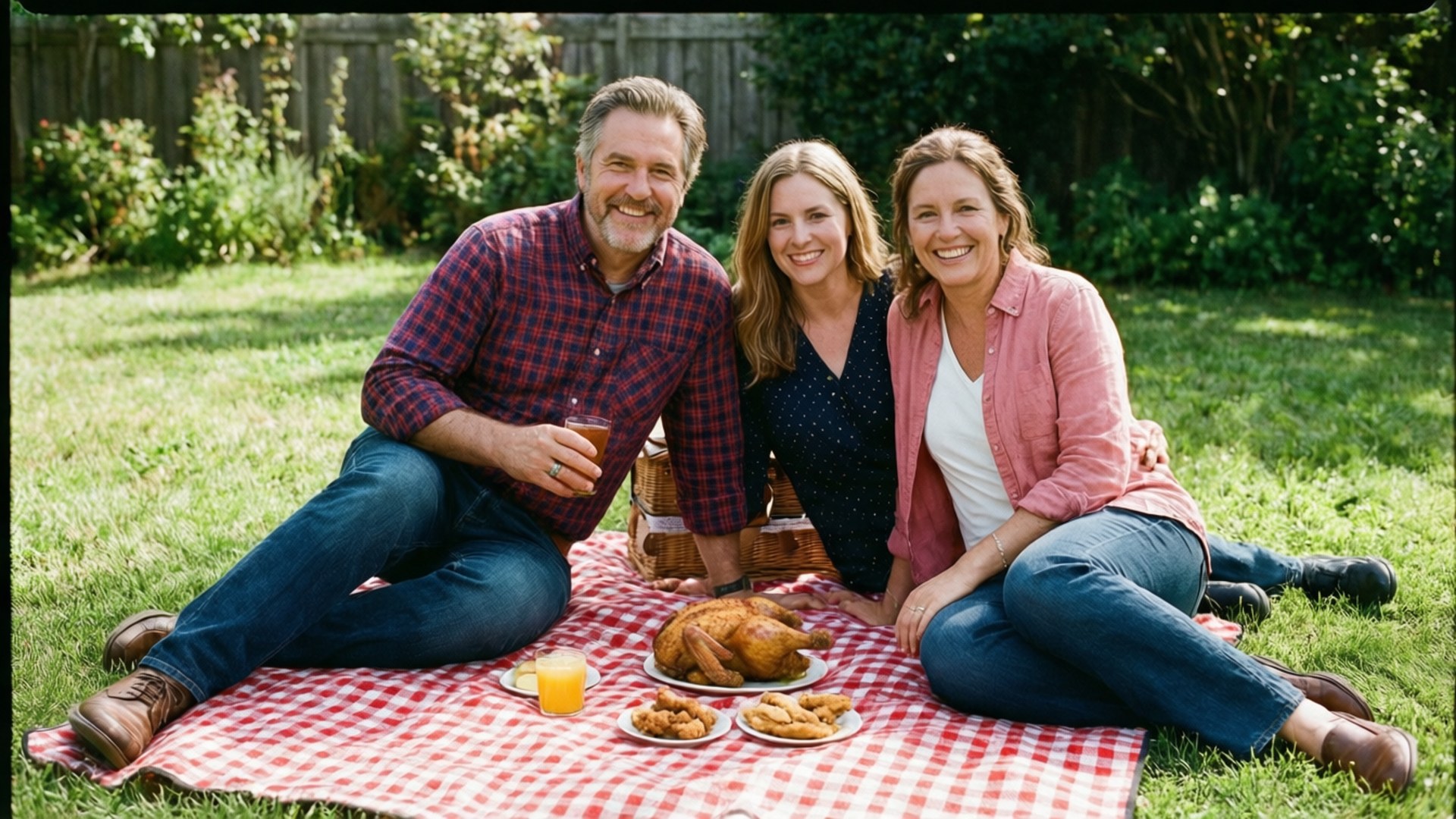 Family Picnic 壁紙 — 三個微笑的成年人在紅白格子毯上享受陽光明媚的野餐，有烤火雞和炸雞。