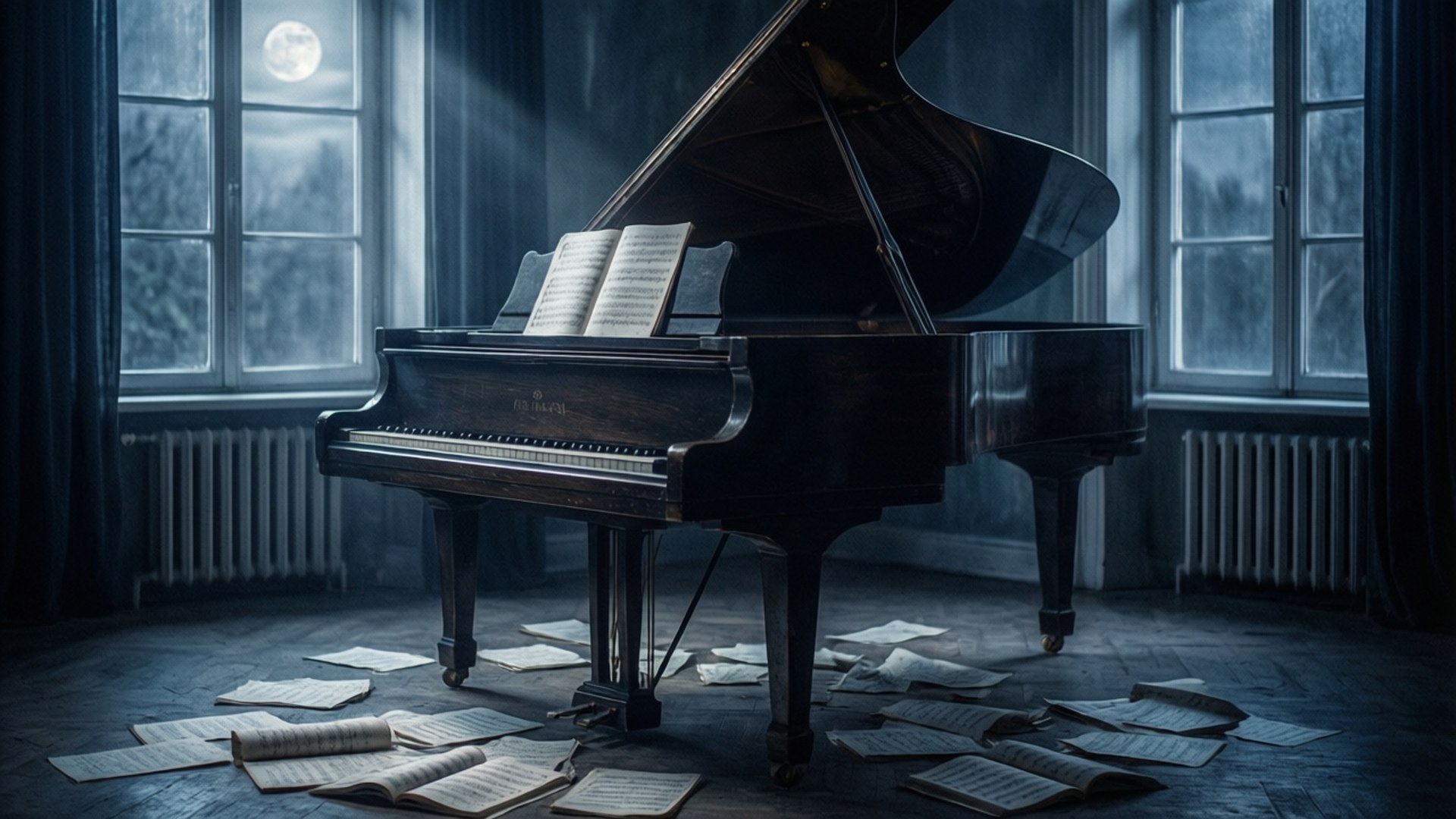 Moonlit Piano Room 壁紙 — 一部三角鋼琴被遺棄在月光照耀的房間裡，散落著樂譜和佈滿灰塵的窗戶。