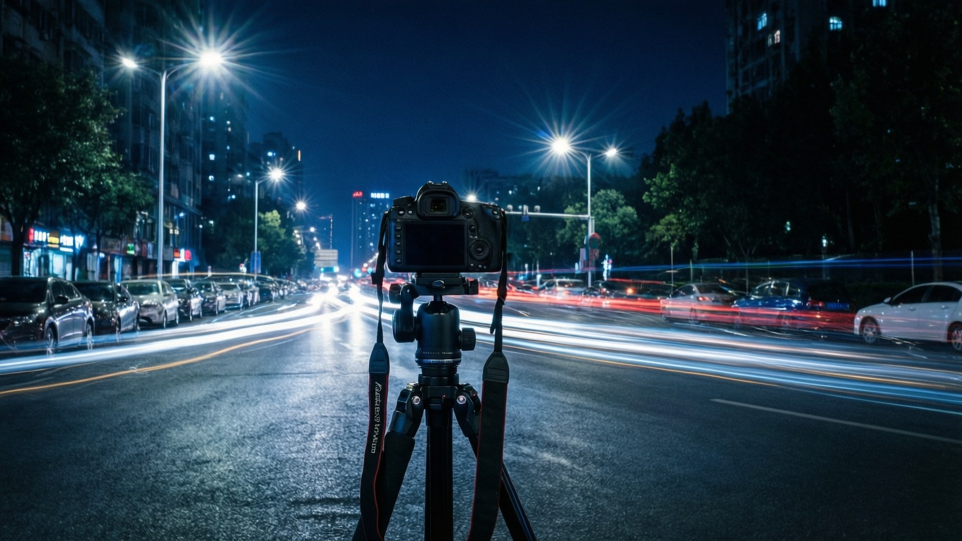 Night City Long Exposure 壁紙 — 三腳架上的DSLR相機捕捉夜間濕漉漉的城市街道上汽車燈光的條紋。