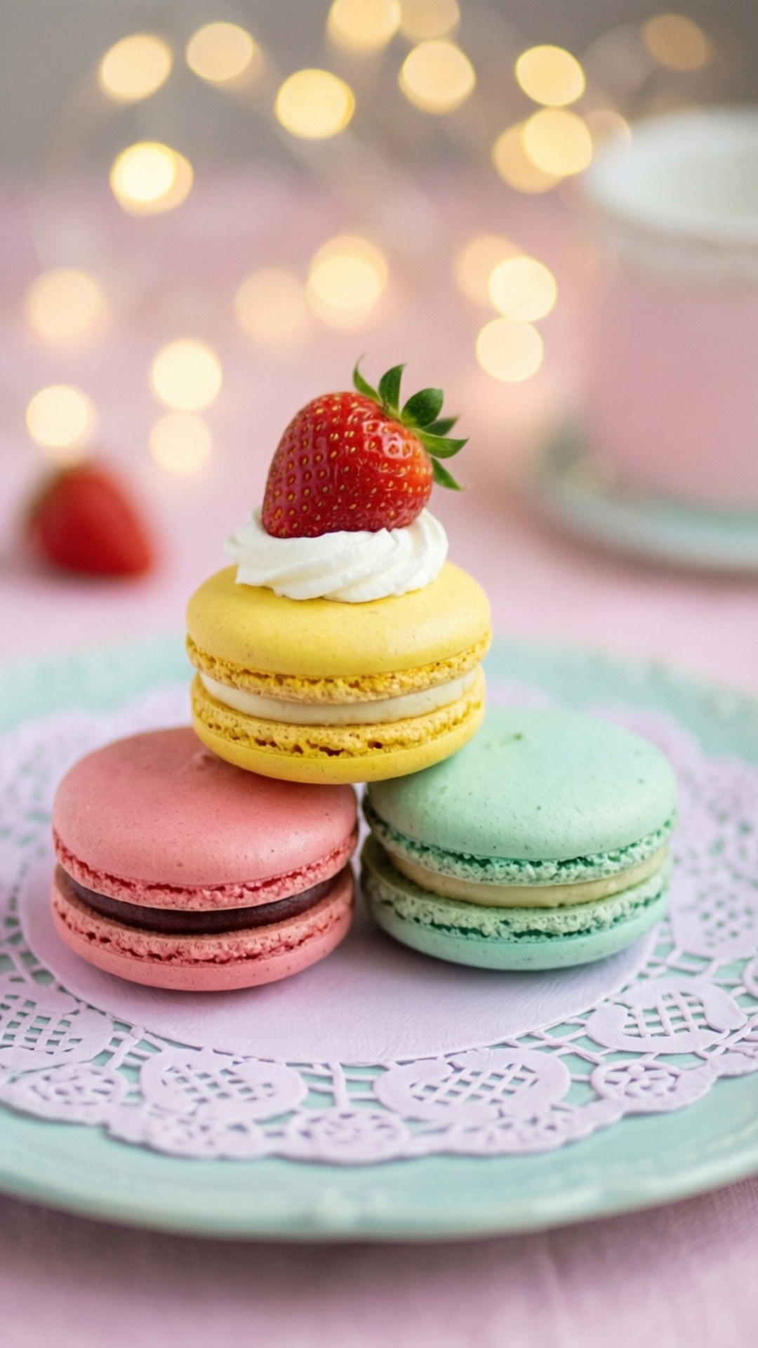 Macaron Bliss 壁紙 — 三款色彩繽紛的馬卡龍，粉紅色、黃色和薄荷綠色，上面有鮮奶油和草莓，放在蕾絲餐墊上，在溫暖的散景燈光下。