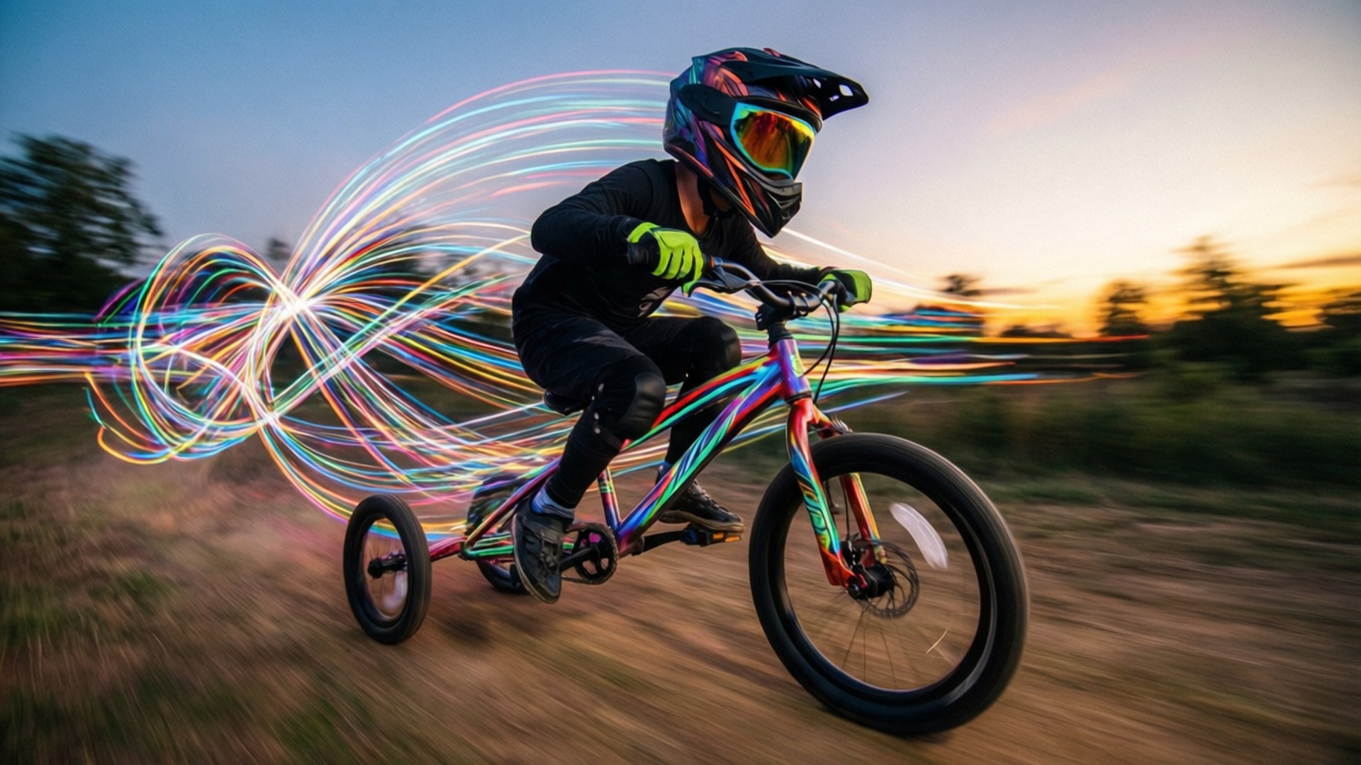 Sam Riding Chiral Bike 壁紙 — 一位全副裝備的自行車手騎著三輪車穿過田野，日落時分，充滿活力的光跡在他們周圍旋轉。