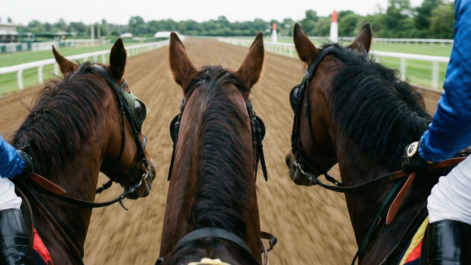 Horse's Eye View 壁紙 — 三名騎師騎著棕馬，沿著一條由白色欄杆和綠色樹木環繞的泥地賽道奔馳。