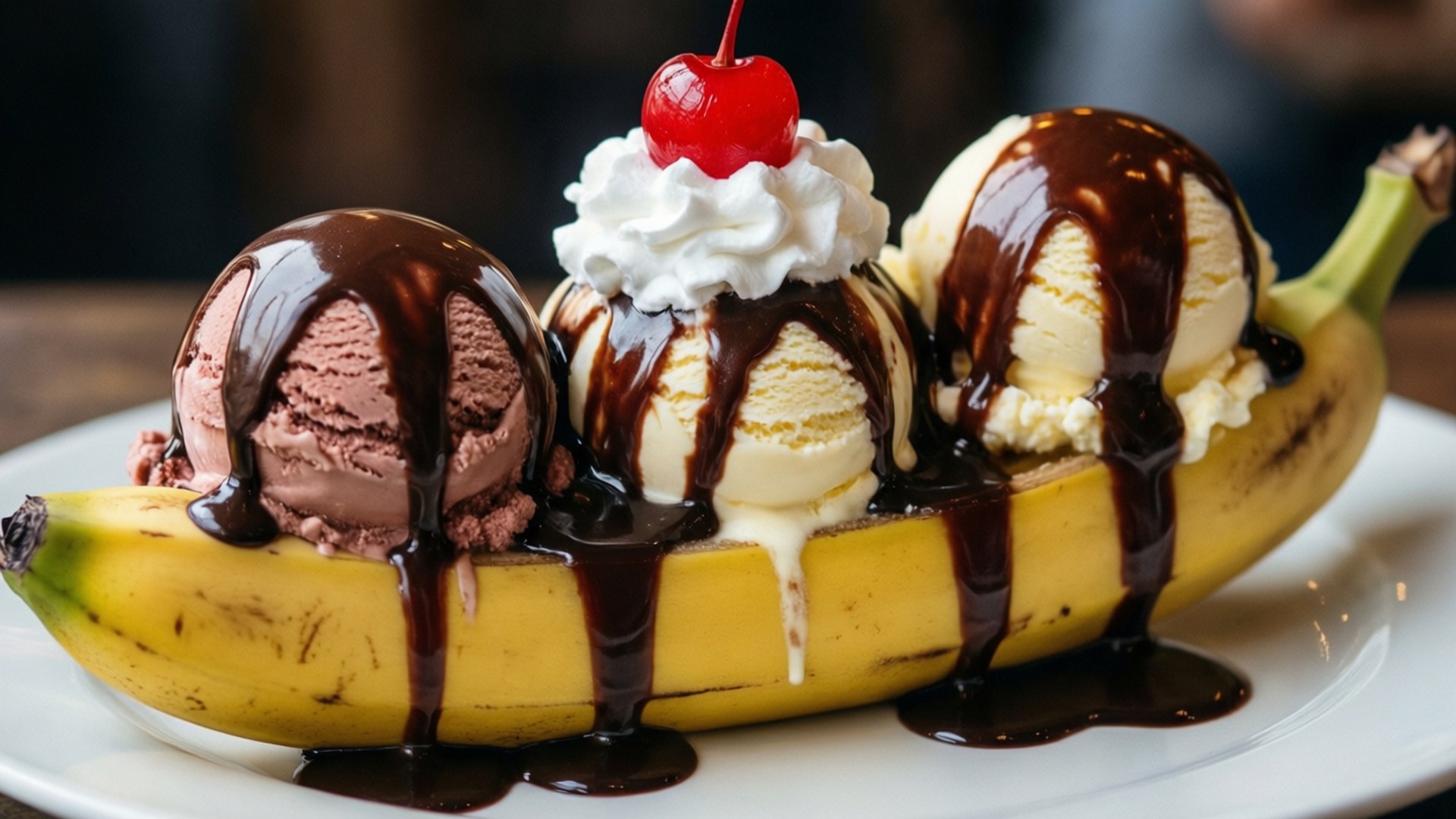 Decadent Banana Split 壁紙 — 三球冰淇淋放在切開的香蕉上，淋上巧克力醬，加上鮮奶油和櫻桃。