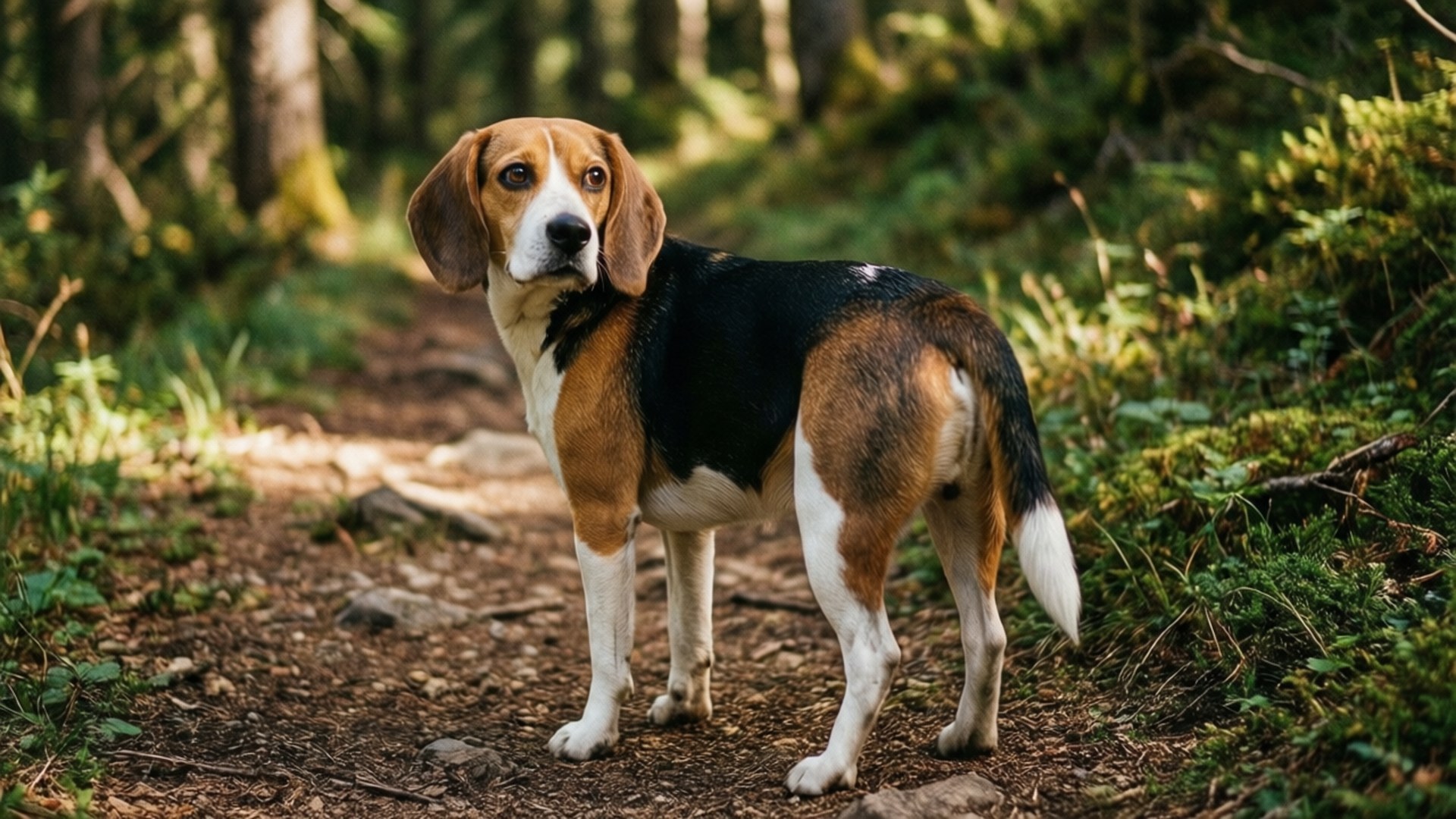 Adventure Beagle Hike 壁紙 — 一隻三色比格獵犬在陽光普照的森林小徑上警覺地站立，周圍是長滿苔蘚的綠植和高大的樹木。