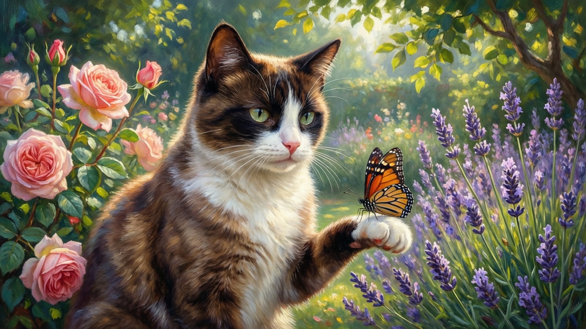 Garden Butterfly Encounter 壁紙 — 一隻三色貓在斑駁的陽光下，在盛開的粉紅玫瑰和紫色薰衣草中，用爪子輕輕托著一隻帝王斑蝶。