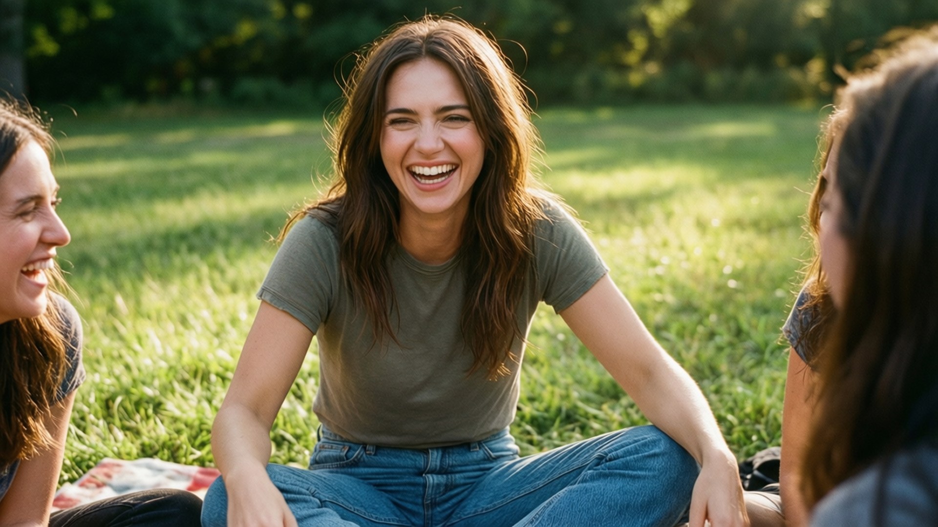 Dakota Johnson 桌布 壁紙 — 三位年輕女性在陽光明媚的公園草地上開懷大笑。