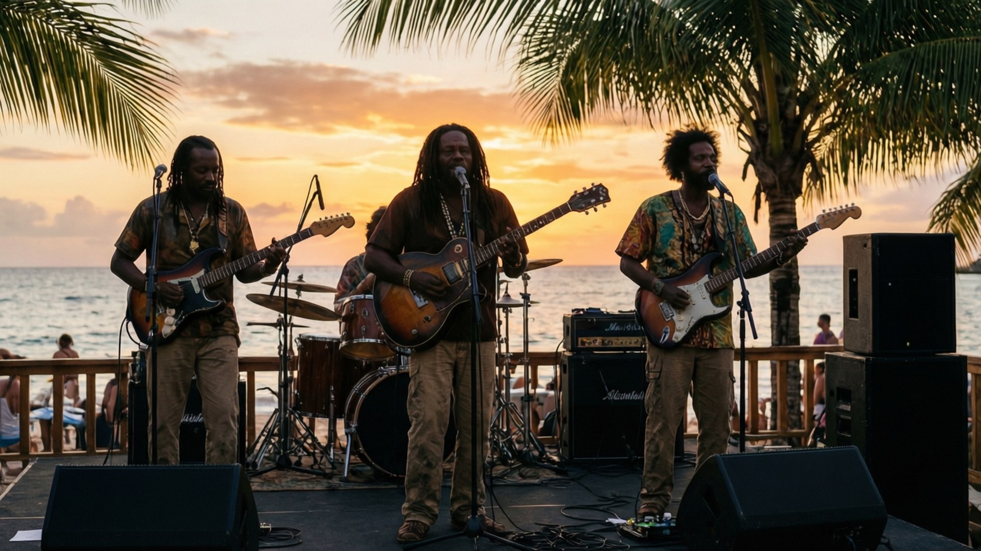 Negril Sunset Reggae 壁紙 — 三位梳著辮子的音樂家在沙灘舞台上彈吉他唱歌，棕櫚樹在金色夕陽下搖曳。
