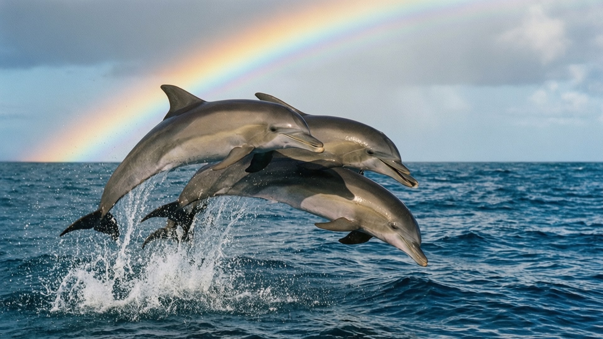 Spinner Dolphins Rainbow 壁紙 — 三隻海豚在深藍色海洋中齊齊躍起，下方是橫跨多雲天空的鮮豔彩虹。