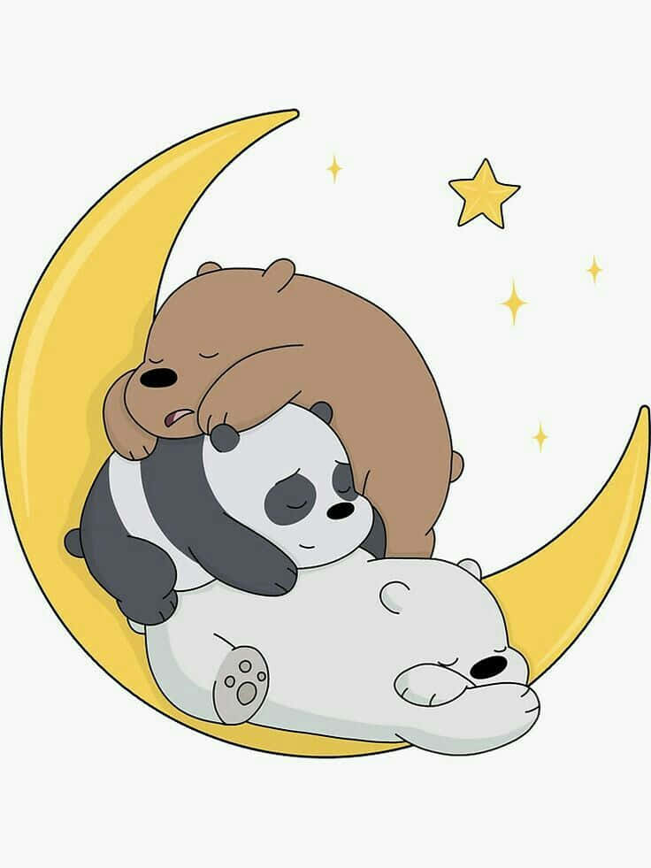  壁紙 — 三隻卡通熊在閃爍的星星下，依偎在黃色新月上睡著了。