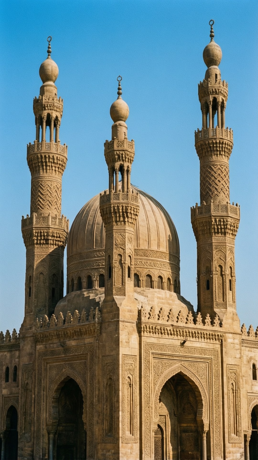 Abul Abbas Mosque Details 壁紙 — 三座華麗的宣禮塔環繞著中央圓頂，一座陽光普照的石造清真寺映襯著清澈的藍天。