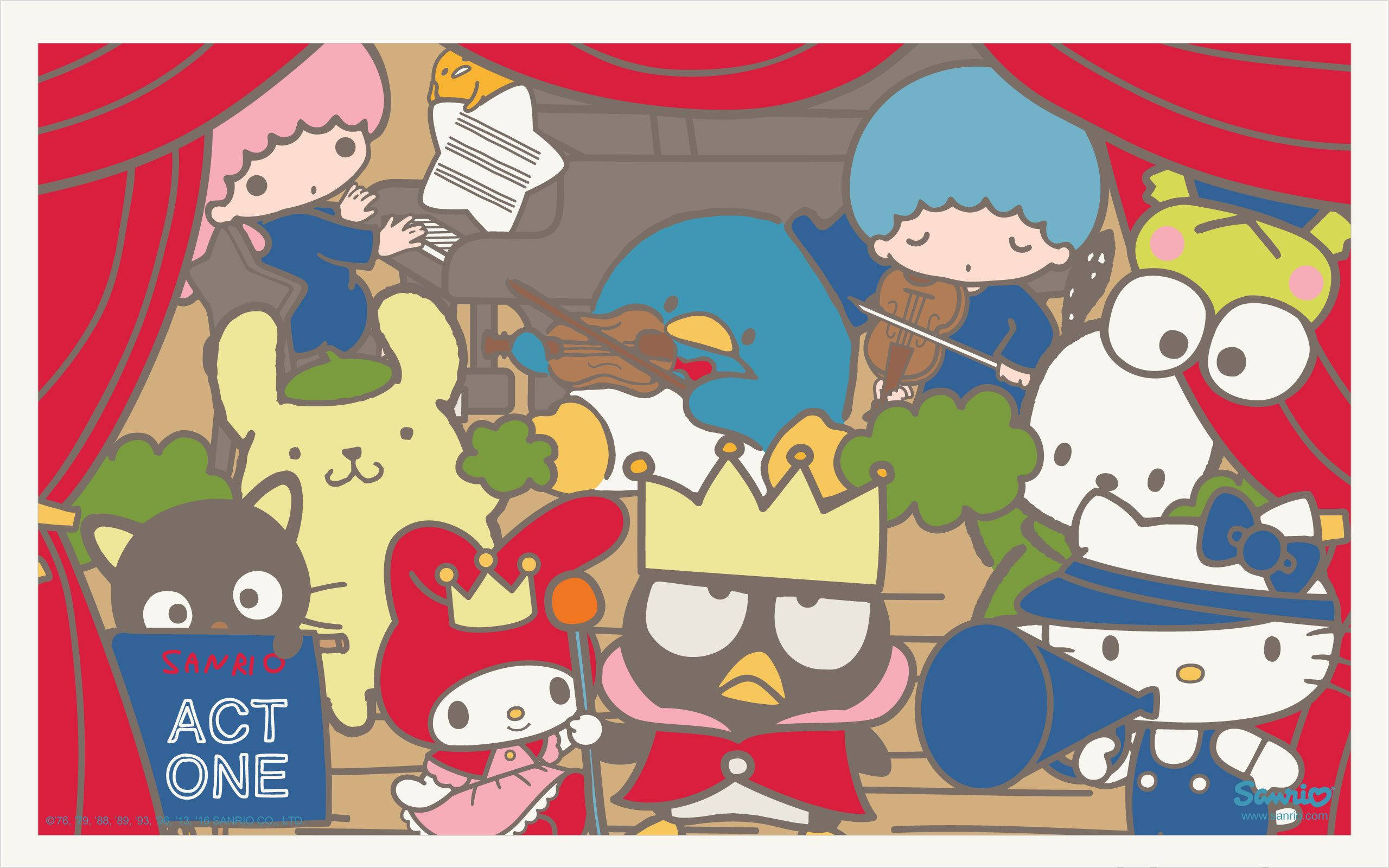 Keroppi 桌布 壁紙 — Sanrio 角色在色彩繽紛的卡通插圖中，用紅色窗簾和樂器表演奇特的舞台劇。