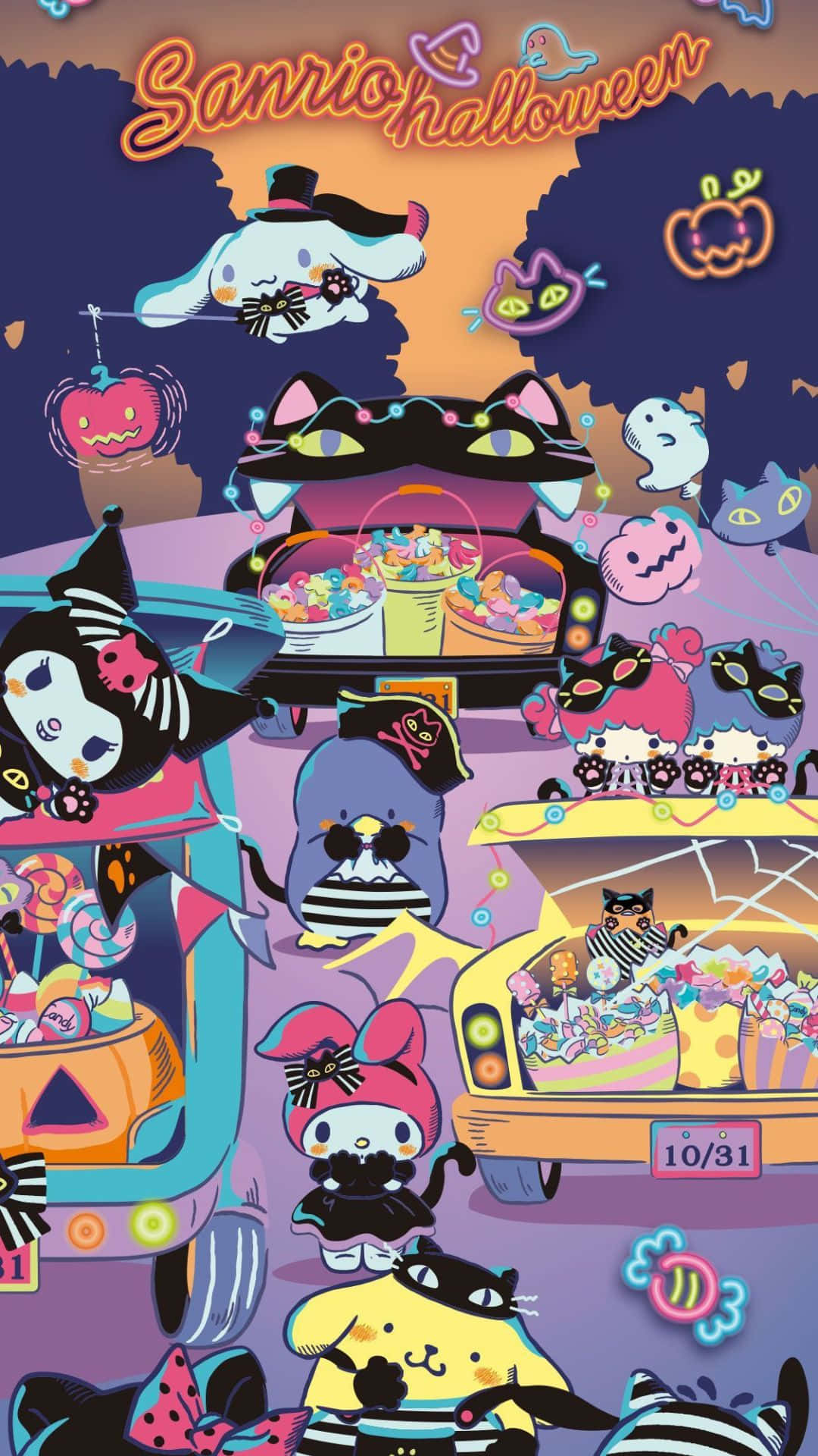 Kuromi Halloween 桌布 壁紙 — Sanrio角色穿著萬聖節服裝，在暮色天空下與糖果和恐怖裝飾一起派對。