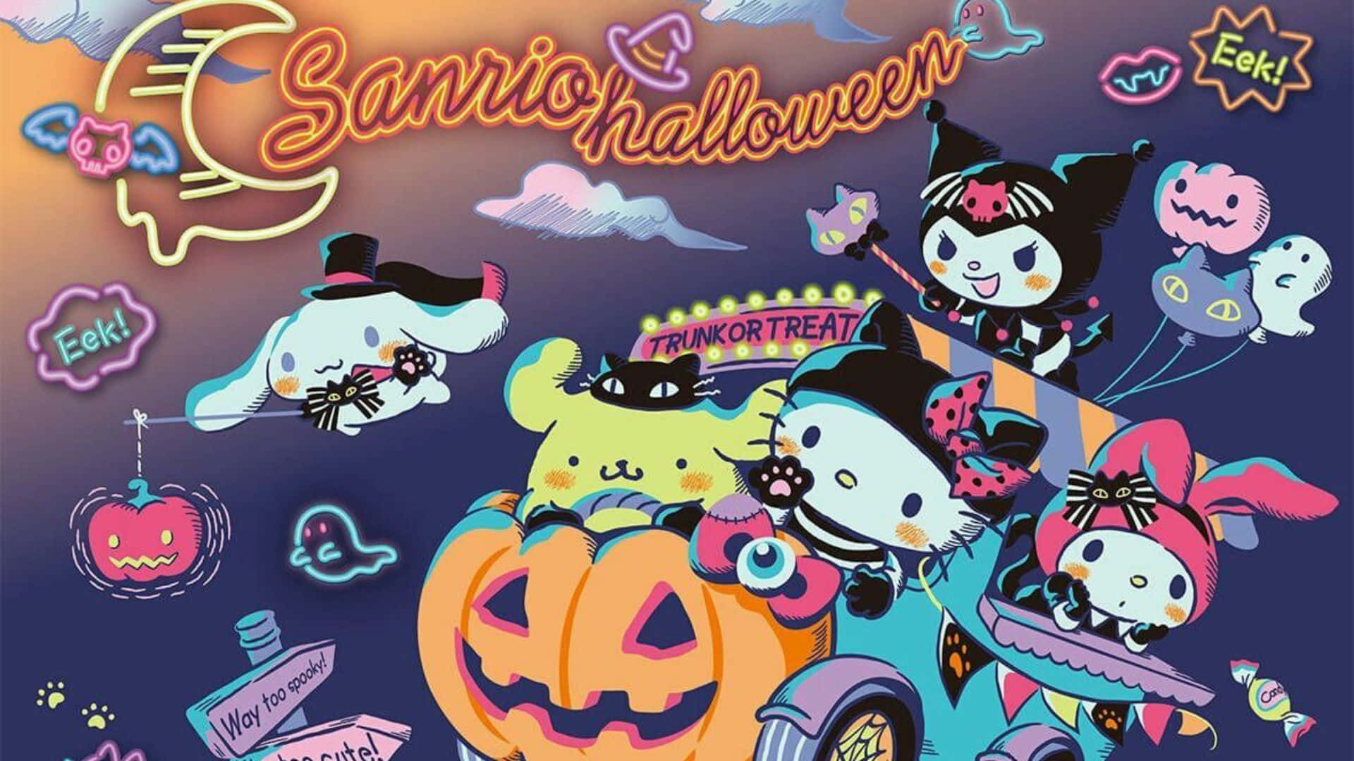 Kuromi Halloween 桌布 壁紙 — Sanrio角色穿著萬聖節服裝，在幽靈、糖果和恐怖裝飾中，於暮色天空下乘坐南瓜車。