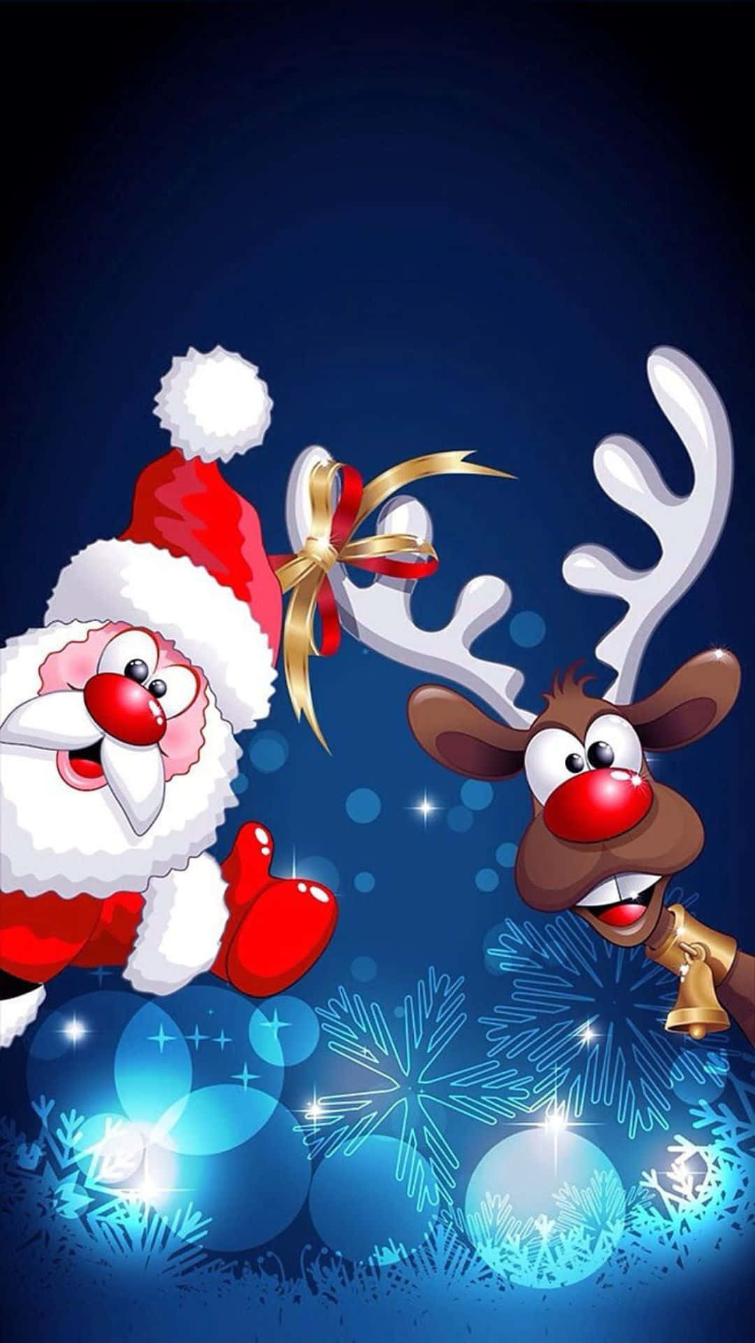  壁紙 — 聖誕老人和一隻紅鼻子的馴鹿在深藍色背景上歡快地漂浮，背景點綴著發光的雪花和節日燈飾。