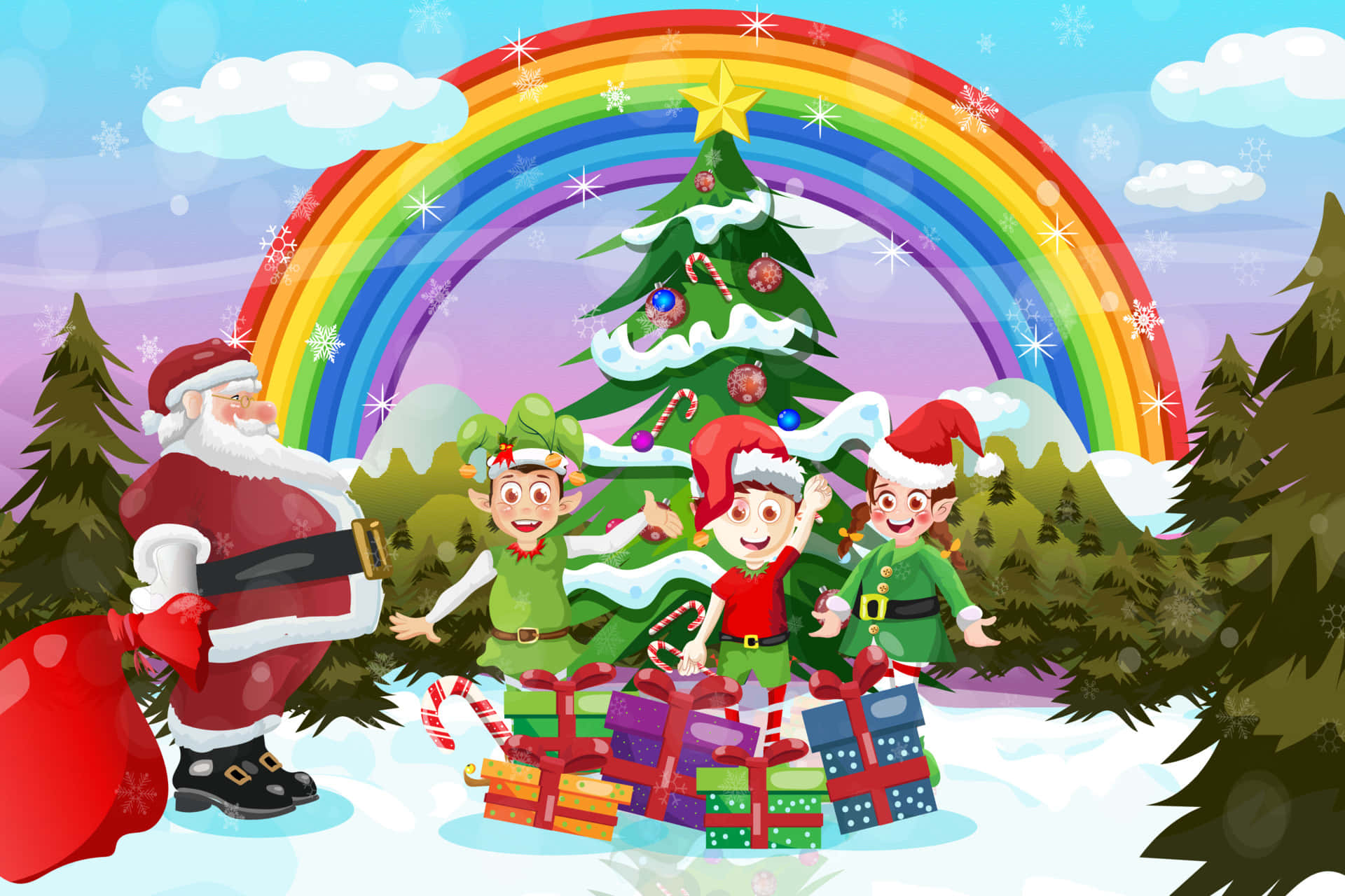 Christmas Rainbow 桌布 壁紙 — 聖誕老人和三個小精靈在雪地森林中，於色彩繽紛的彩虹下，歡快地圍繞著裝飾好的聖誕樹。
