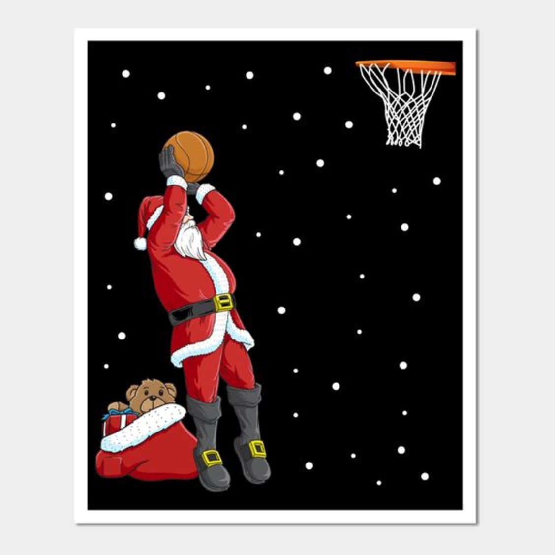 聖誕老人在星空下灌籃籃球，袋子裡有一隻泰迪熊。 — NBA聖誕節 壁紙