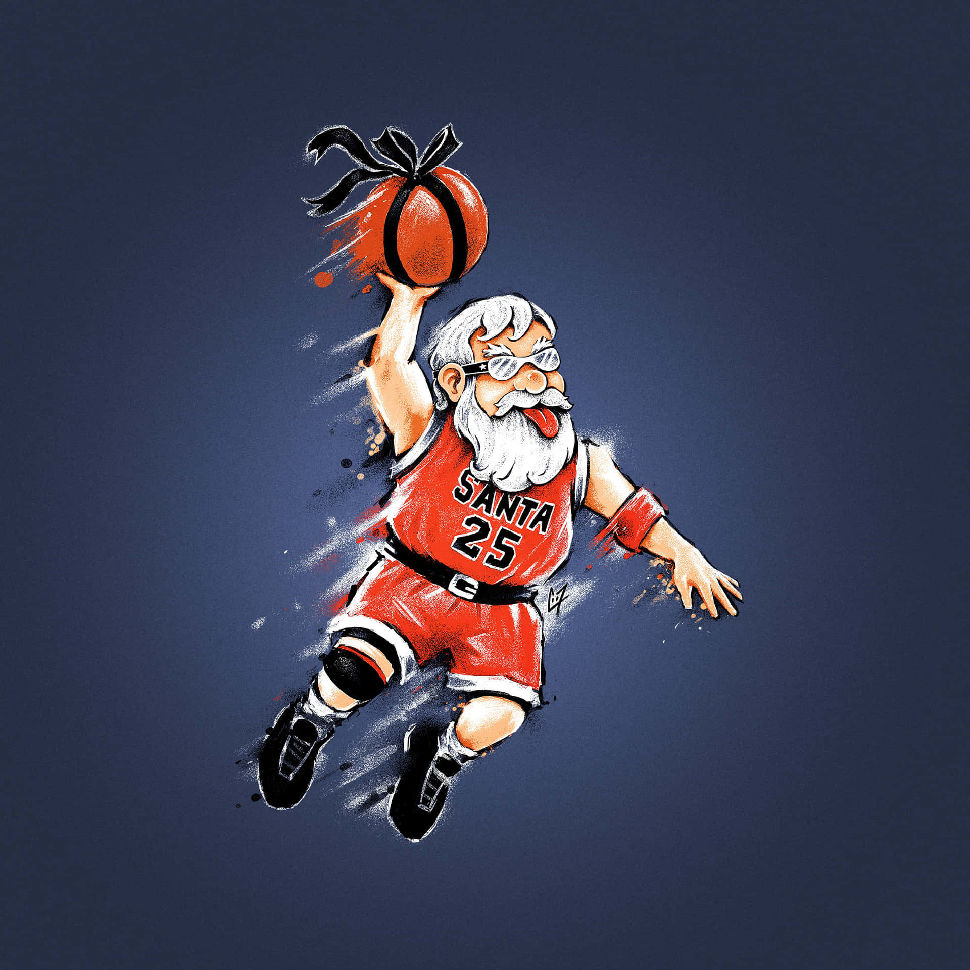 聖誕老人身穿紅色籃球裝備扣籃一個帶蝴蝶結的球 — NBA聖誕節 壁紙