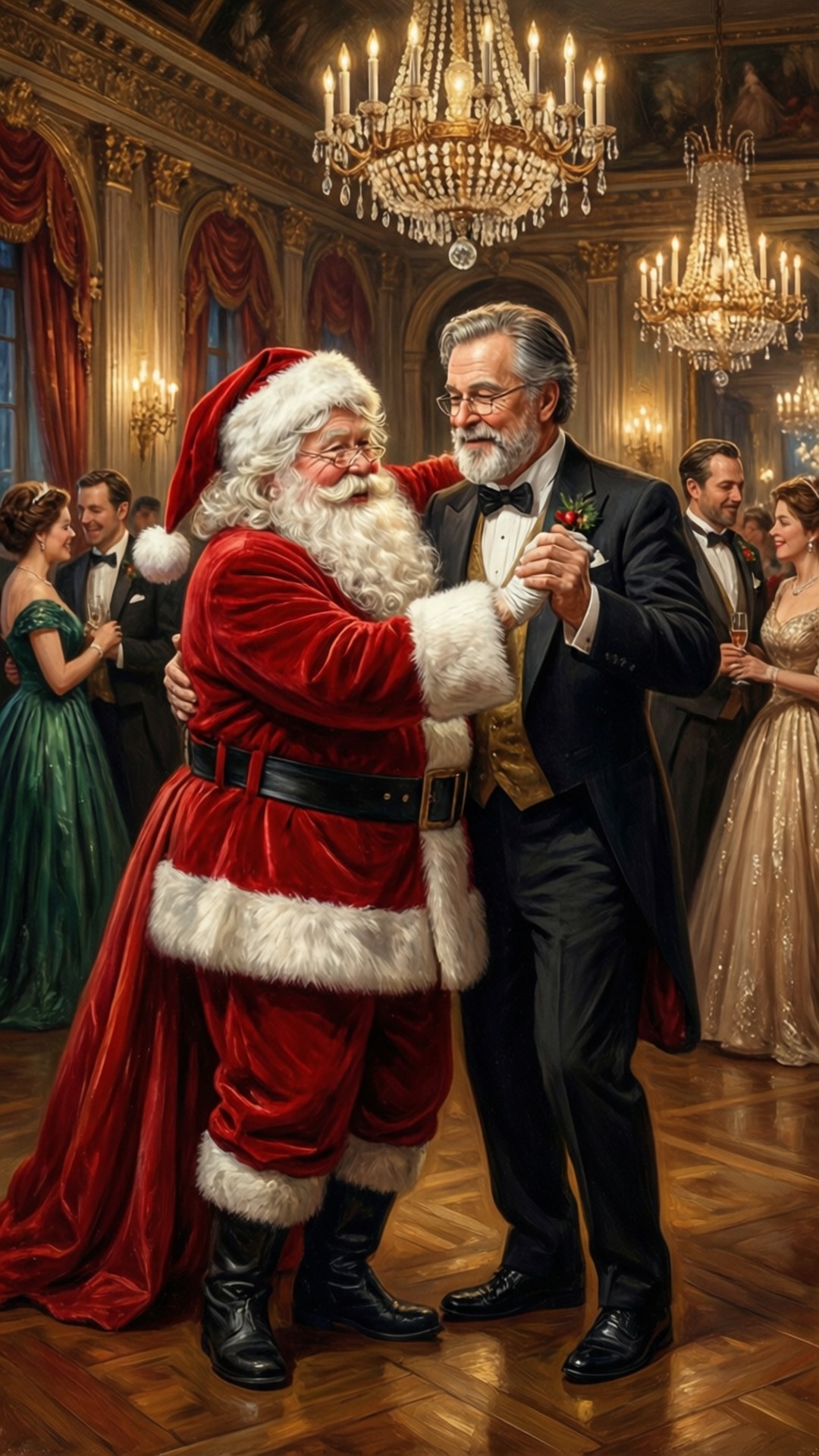 Santa Claus 桌布 壁紙 — 聖誕老人身穿天鵝絨紅色西裝，在宏偉吊燈下的正式舞廳中與一位留鬍子的紳士跳舞。