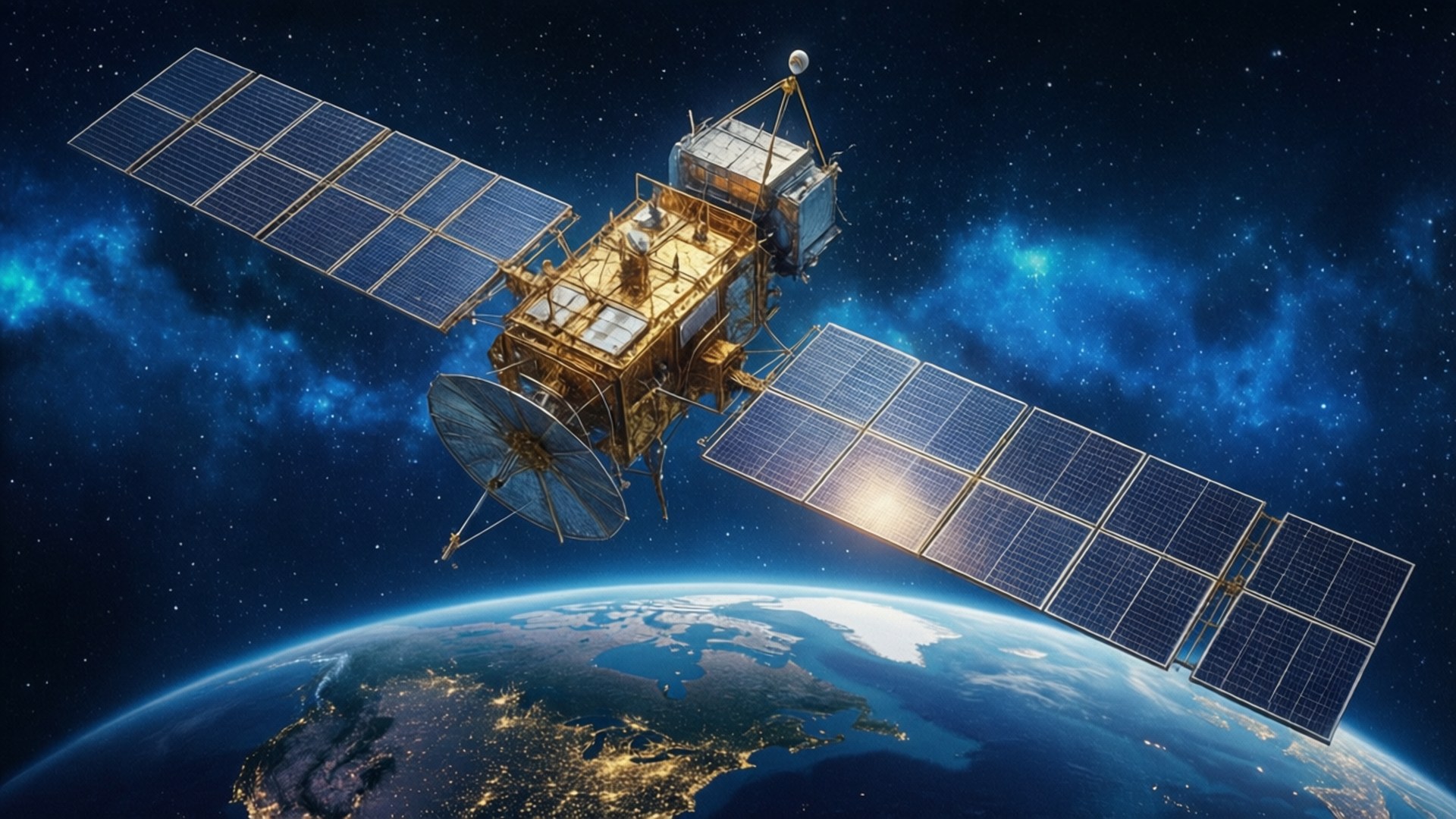 Satellite 桌布 壁紙 — 一個帶有太陽能板的詳細衛星，在星光熠熠的宇宙背景下環繞地球運行，並有發光的星雲。