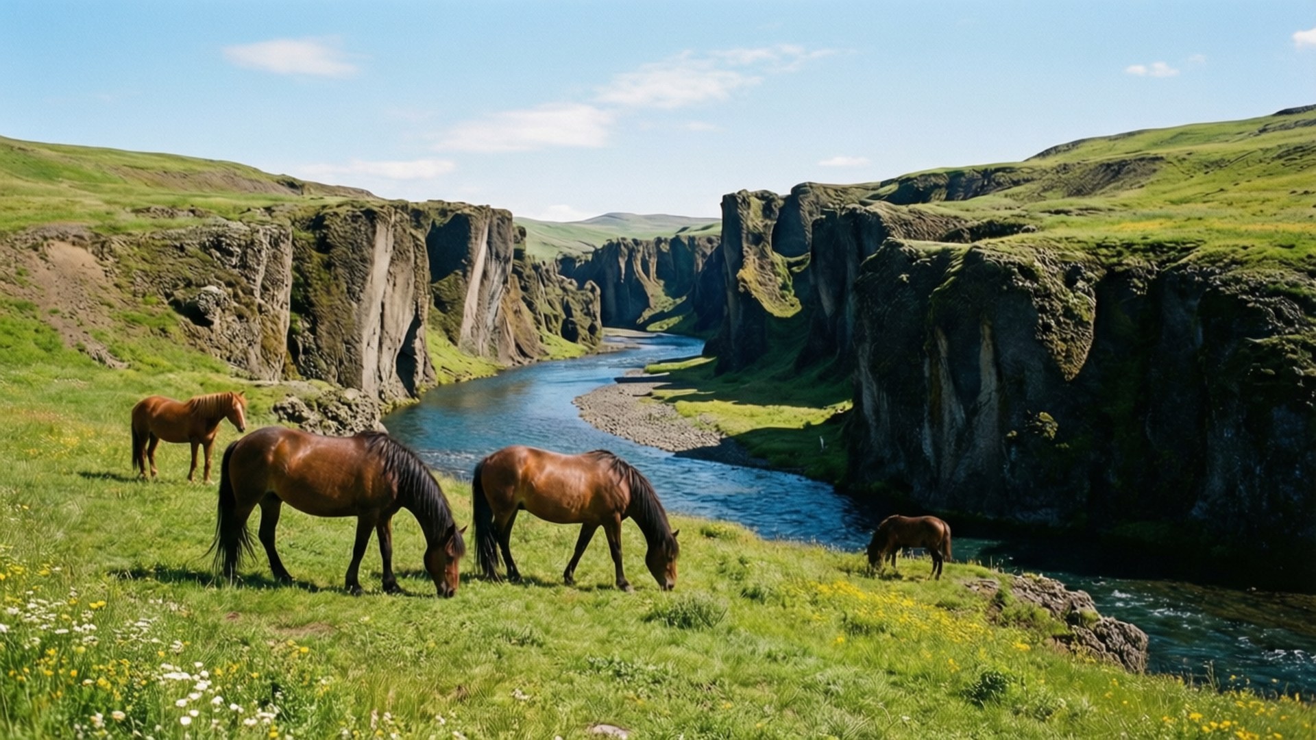 Ásbyrgi峽谷中的冰島馬 壁紙 — 四匹棕色馬匹在陽光明媚、長滿青草的懸崖上平靜地吃草，俯瞰著蜿蜒穿過深邃峽谷的河流。