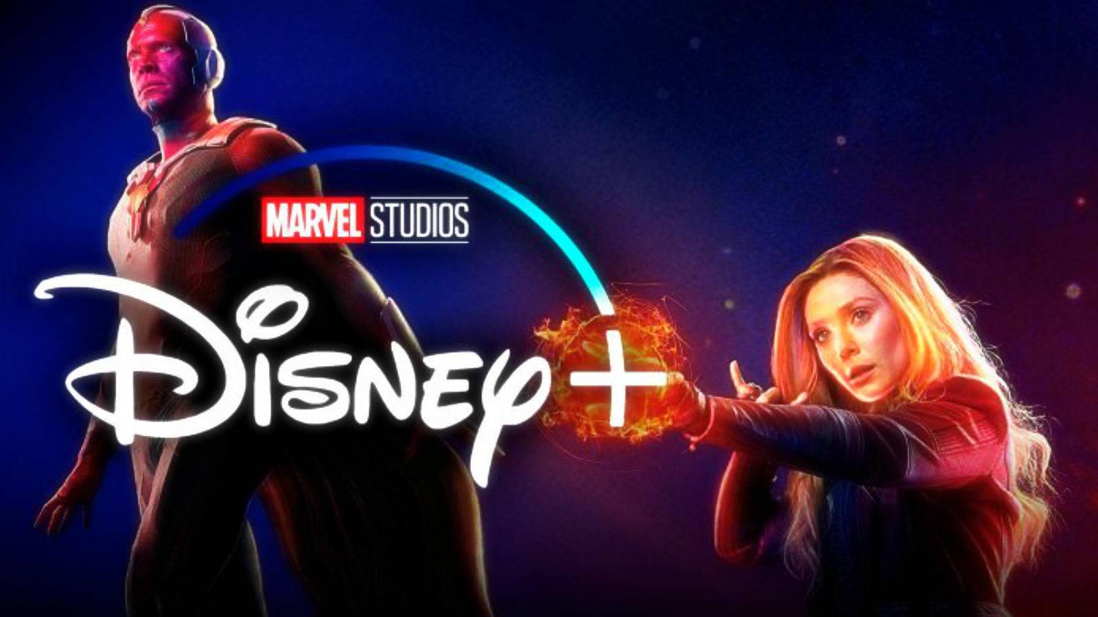 Wandavision 桌布 壁紙 — Scarlet Witch 引導神秘能量，而Vision站在她旁邊，背景是宇宙，帶有Disney+和Marvel Studios標誌。