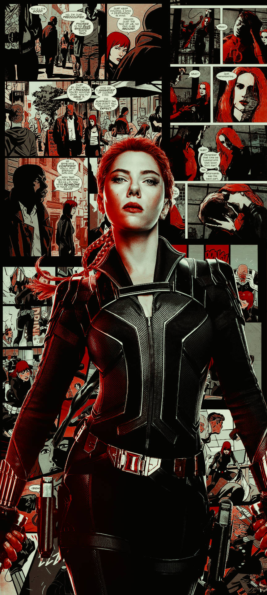 黑寡婦 桌布 壁紙 — Scarlet Witch 站在前景，身穿黑色戰術服，紅髮，背景為漫畫書面板。