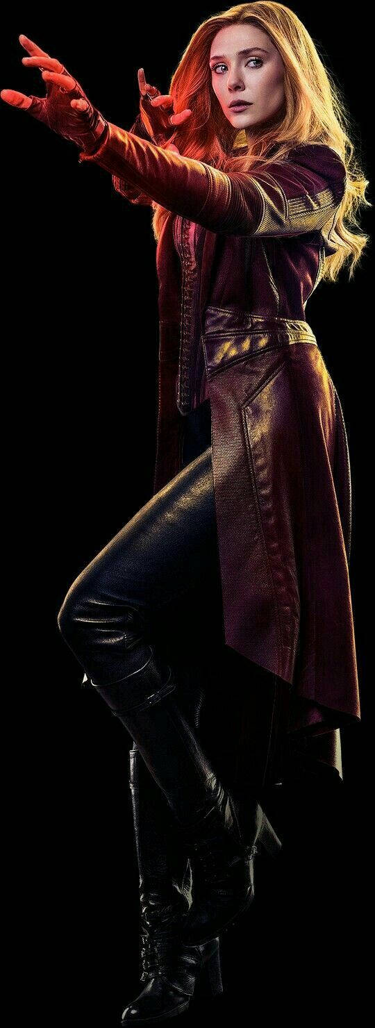 Wanda 桌布 壁紙 — Scarlet Witch 身穿栗色皮外套和黑色靴子，在純黑背景下以發光的雙手引導神秘能量。