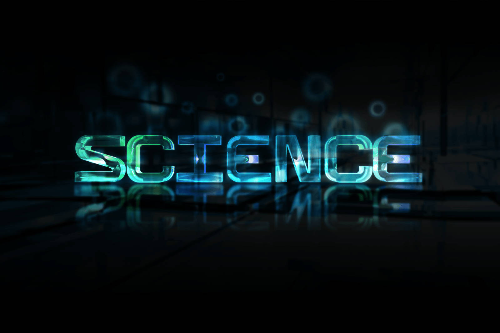 科學 桌布 壁紙 — 「science」這個詞在黑暗未來感背景上，以鮮豔的藍色霓虹字母發光，周圍有浮動球體和反射。