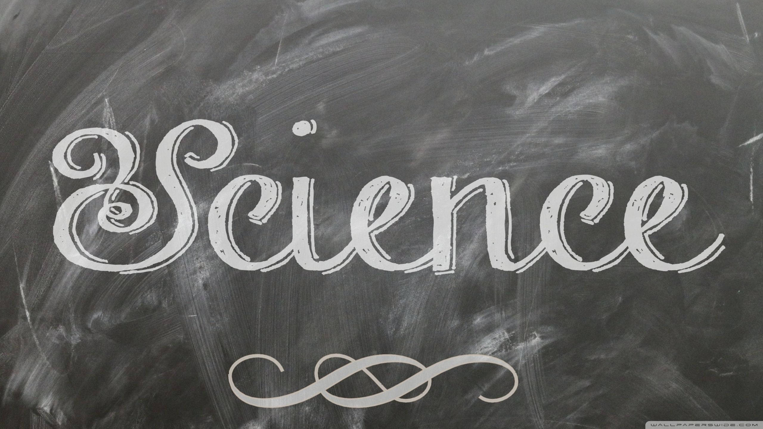 科學 桌布 壁紙 — 「Science」這個詞用優雅的白色粉筆字體寫在帶有紋理的深灰色黑板上，並有裝飾性的漩渦。