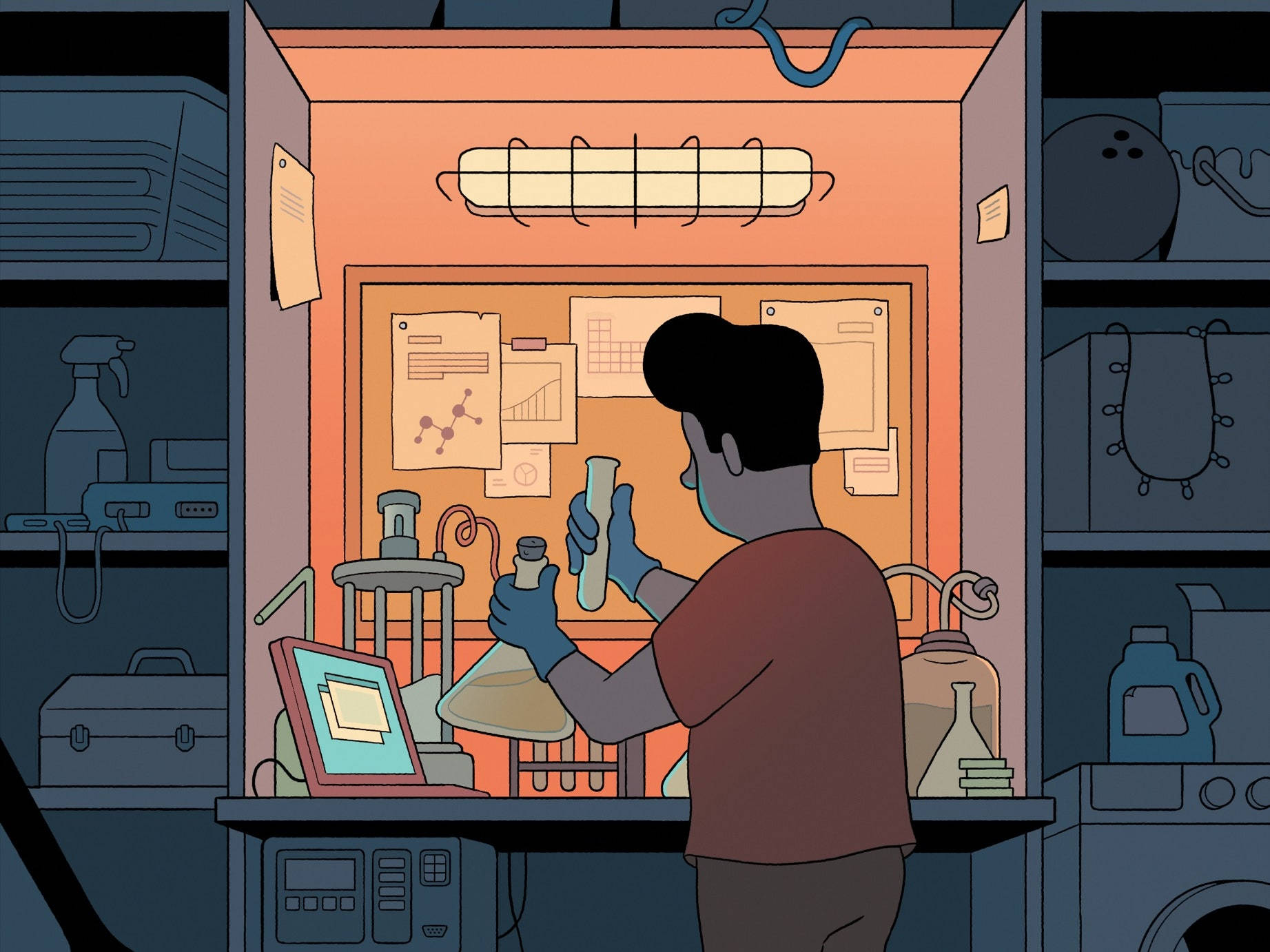 實驗室中的科學家在溫暖的燈光下拿著試管，周圍是設備。 — 8位元日本 壁紙