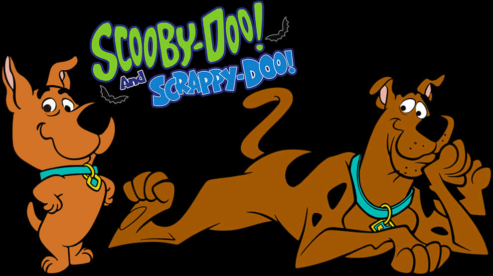 史酷比 桌布 壁紙 — Scooby Doo 和 Scrappy Doo 卡通角色在黑色背景前愉快地擺姿勢，帶有發光的標題文字。