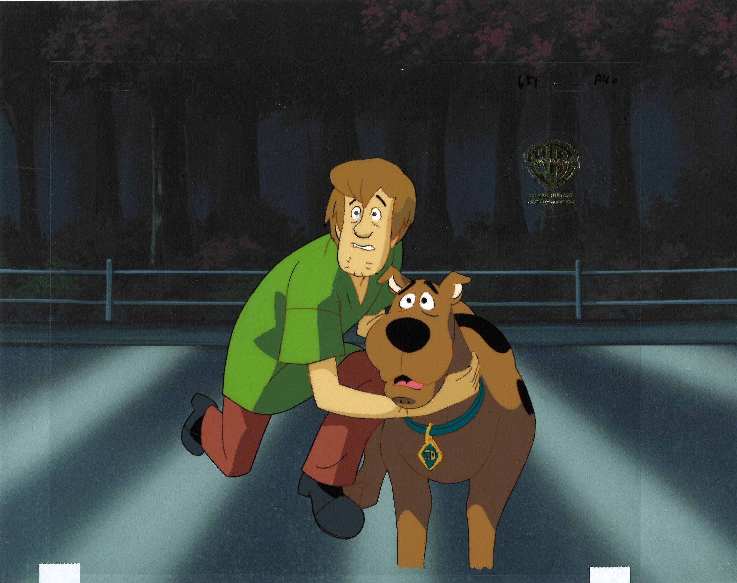 Scooby 桌布 壁紙 — Scooby Doo 和 Shaggy 在夜晚的黑暗森林中一起蹲下，處於詭異的光束下。