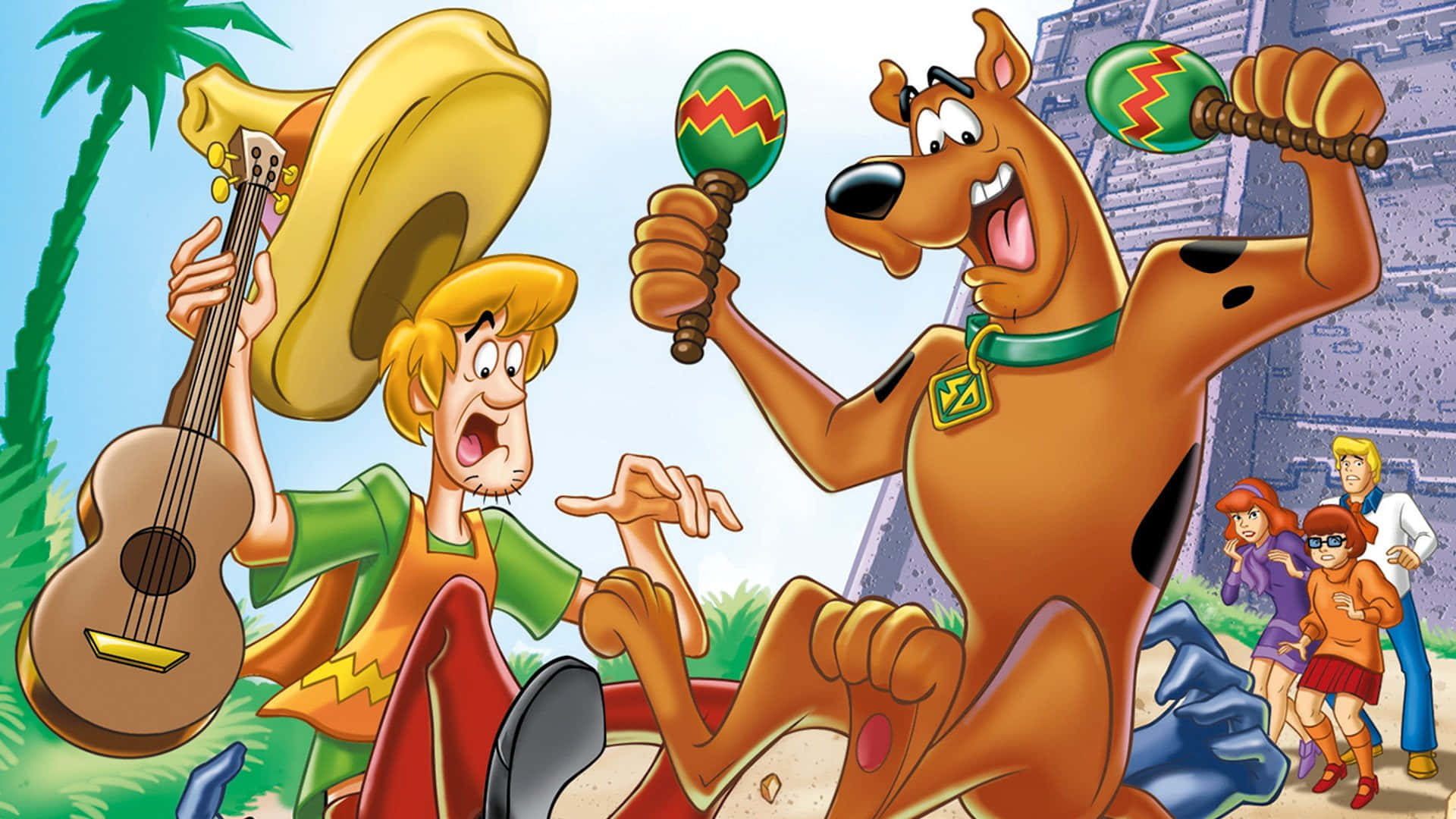 史酷比 桌布 壁紙 — Scooby Doo 和 Shaggy 在熱帶環境中快樂地跳舞，手持沙鈴和吉他，朋友們在古老廢墟後面觀看。