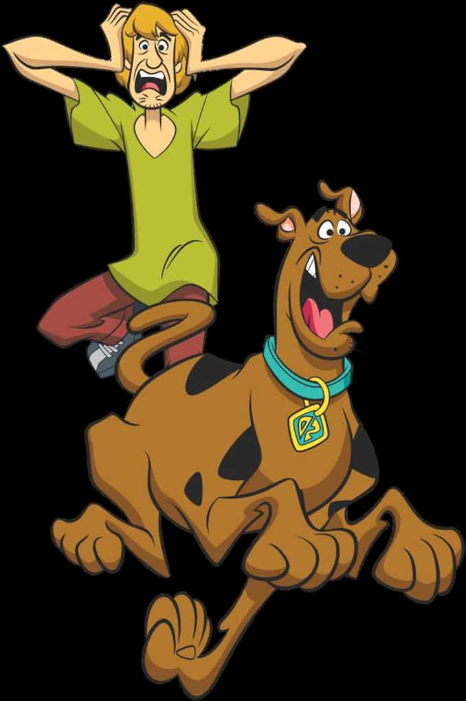 史酷比 桌布 壁紙 — Scooby Doo 和 Shaggy 驚慌地奔跑，Shaggy 捂住耳朵，而 Scooby 則開心地向前跳躍。