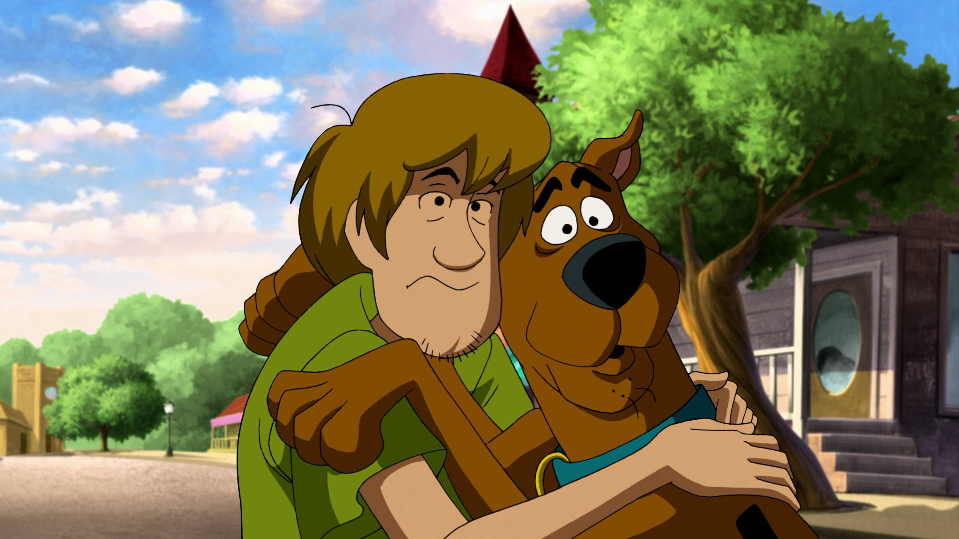 Scooby 桌布 壁紙 — Scooby Doo 和 Shaggy 在陽光明媚的郊區街道上溫暖擁抱，周圍有綠樹和藍天。