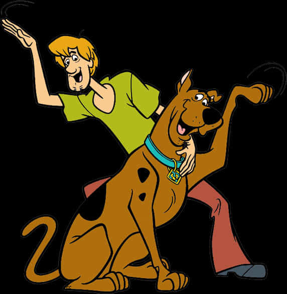 史酷比 桌布 壁紙 — Scooby Doo 和 Shaggy 以經典卡通姿勢舉起雙臂，背景為黑色。