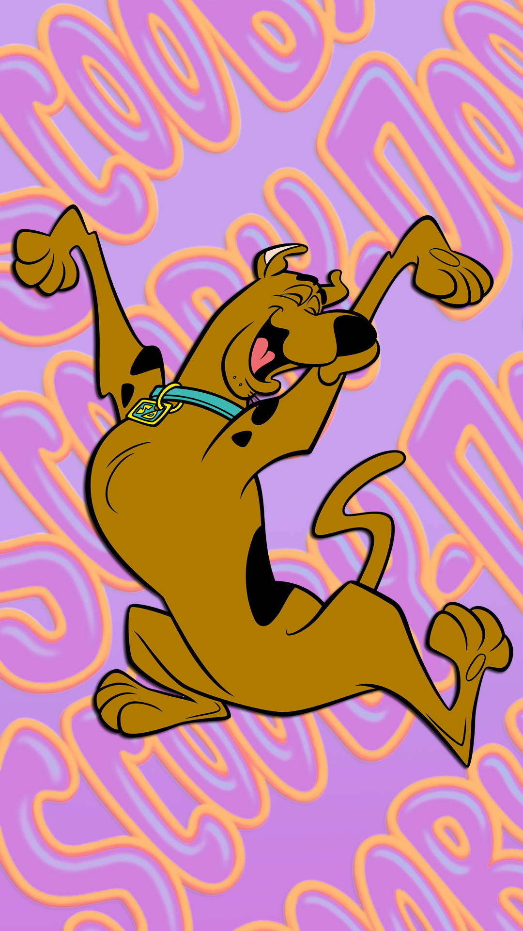 Scooby 桌布 壁紙 — Scooby Doo 在迷幻紫色和橙色背景上，伴隨重複的「Scooby Doo」文字，開心地跳躍。