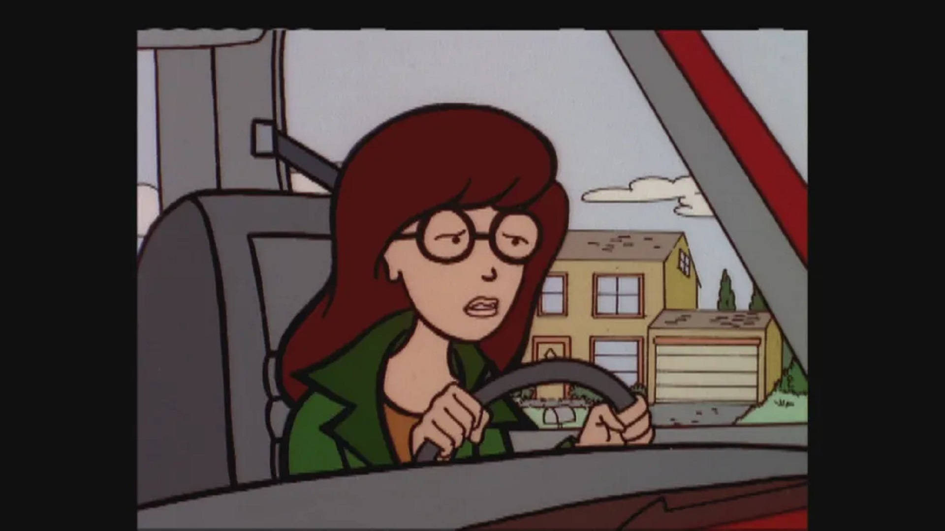 達莉亞 桌布 壁紙 — Scooby Doo 的女朋友開車經過郊區，表情擔憂。