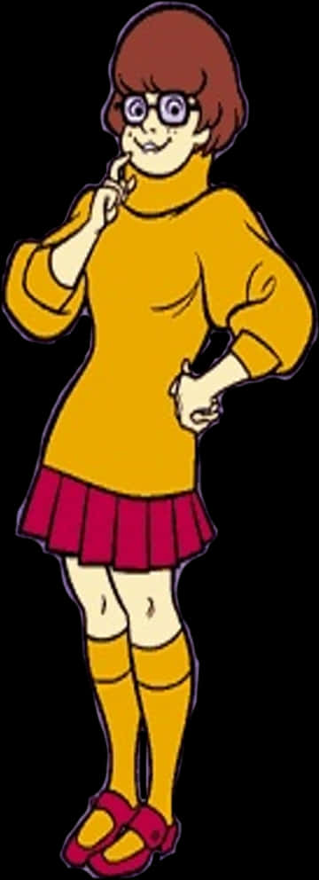 史酷比 桌布 壁紙 — Scooby Doo 的朋友 Velma 自信地站在黑色背景前，穿著她標誌性的黃色高領毛衣和紅色裙子。