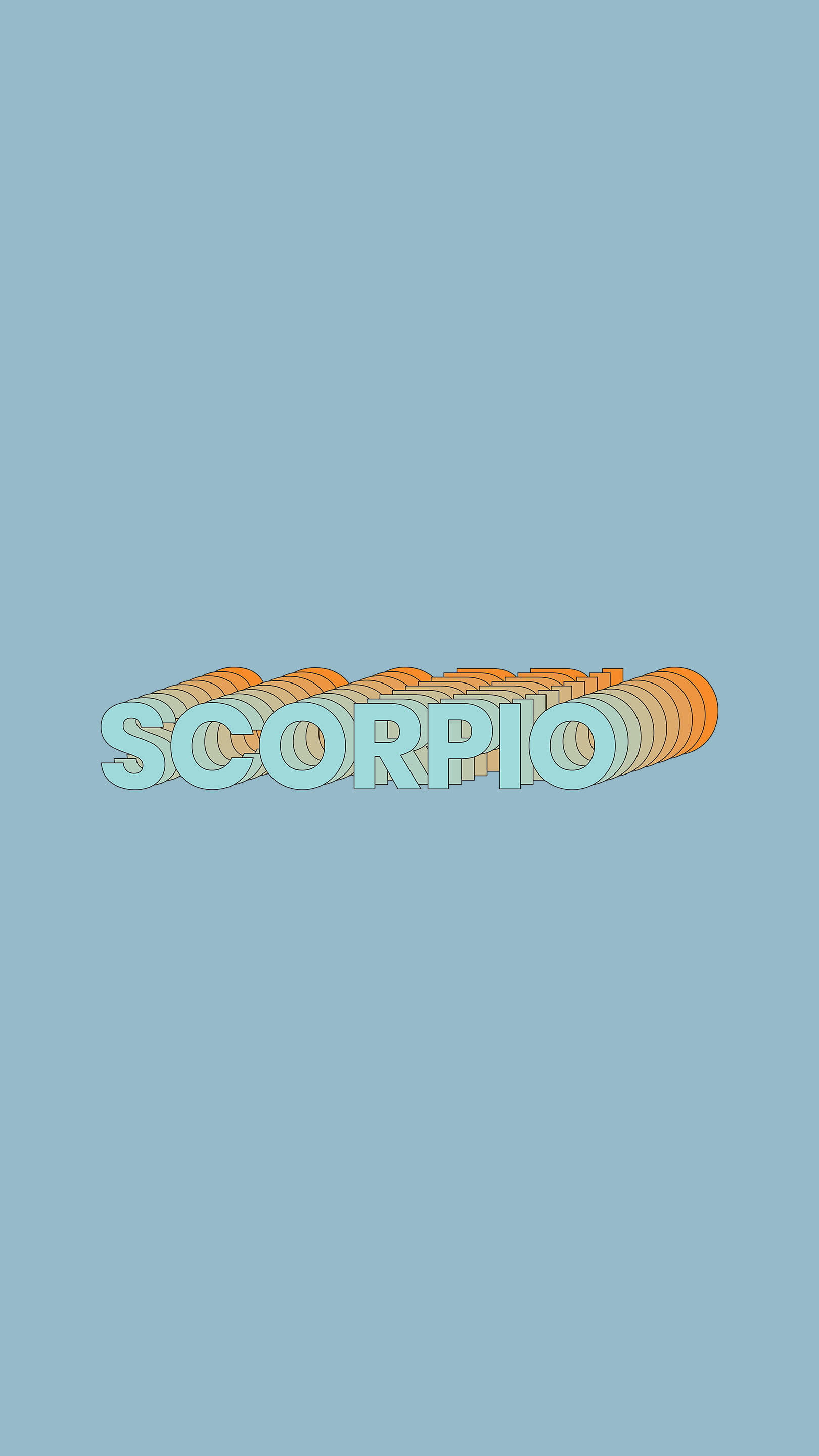 Scorpio 桌布 壁紙 — 「SCORPIO」一詞以淺藍色3D字體配上橙色條紋，置於純藍色背景上。