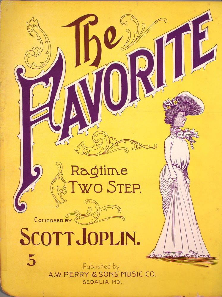 藝術 桌布 壁紙 — Scott Joplin 的 Ragtime Two Step 復古黃色樂譜封面，有位優雅女士穿著白色長裙和帽子。
