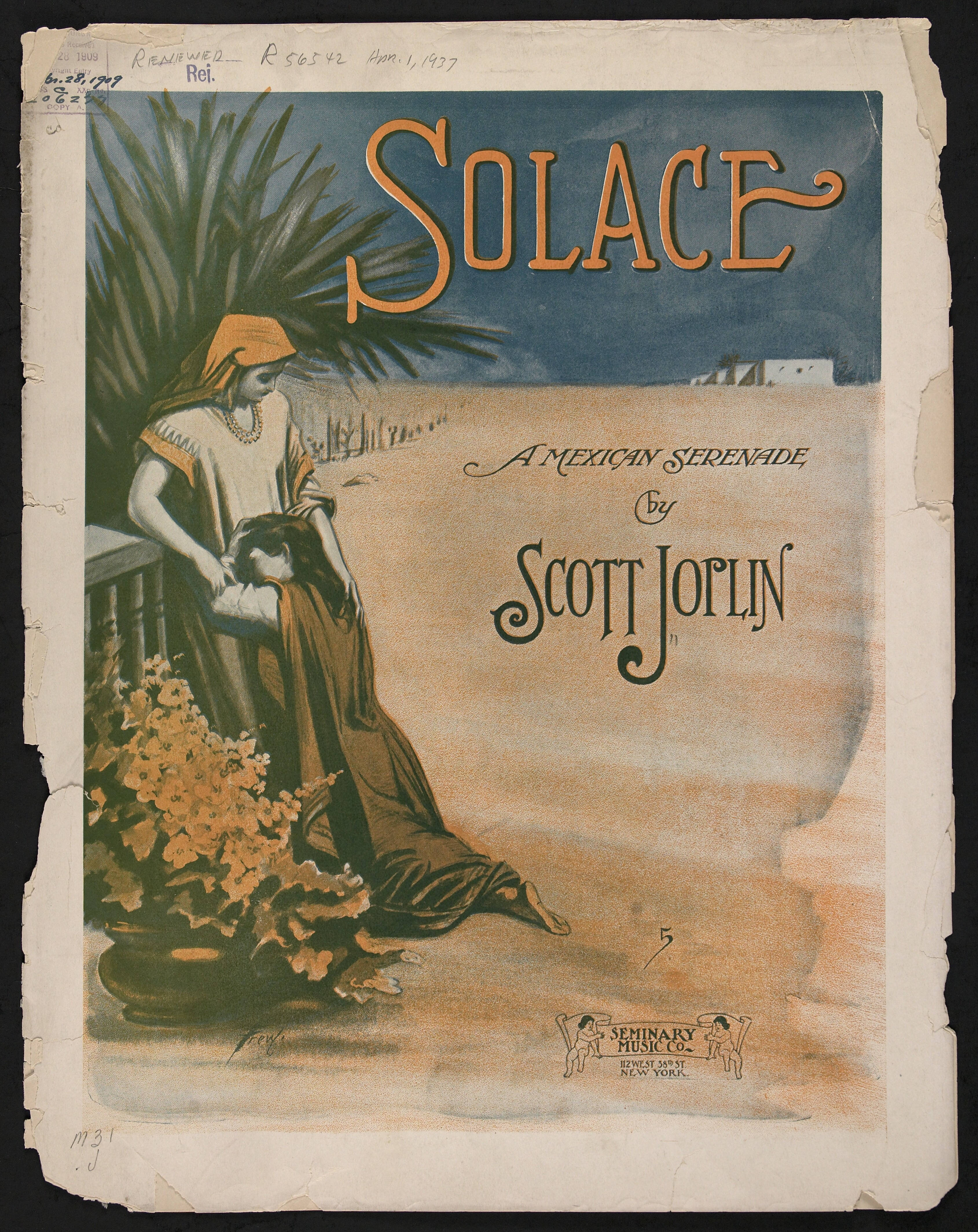 藝術 桌布 壁紙 — Scott Joplin 的《Solace》復古樂譜封面，展示一位身穿飄逸長袍的女子倚在陽台上，周圍有棕櫚葉和花朵。
