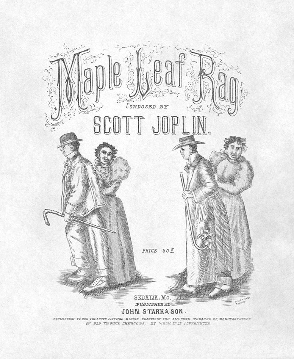 音樂 桌布 壁紙 — Scott Joplin 的《楓葉拉格》復古樂譜封面，帶有華麗字體和兩對穿著19世紀晚期服裝的情侶。