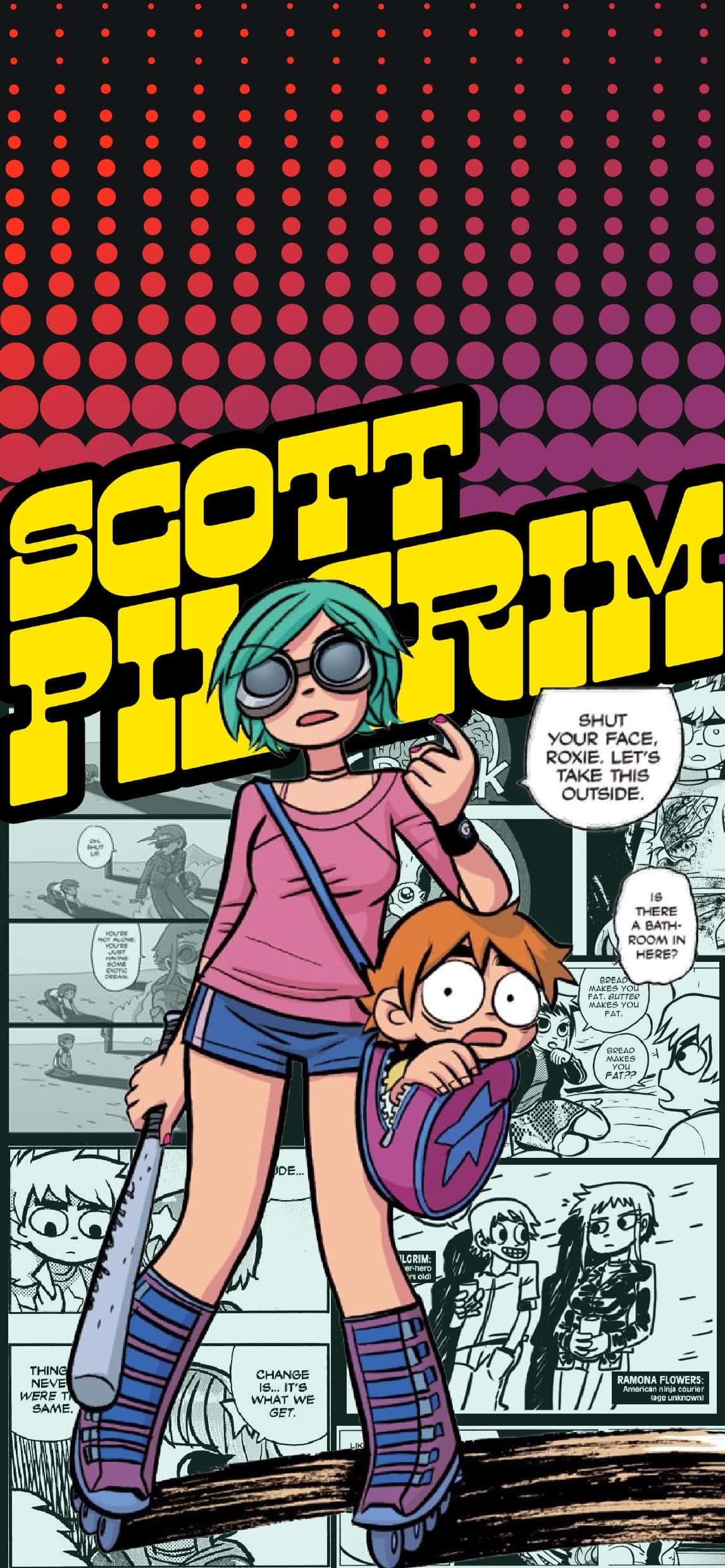 scott pilgrim 桌布 壁紙 — Scott Pilgrim 的漫畫風格海報，一名青綠色頭髮的女孩戴著太陽眼鏡，手持球棒，一個男孩躲在她身後。
