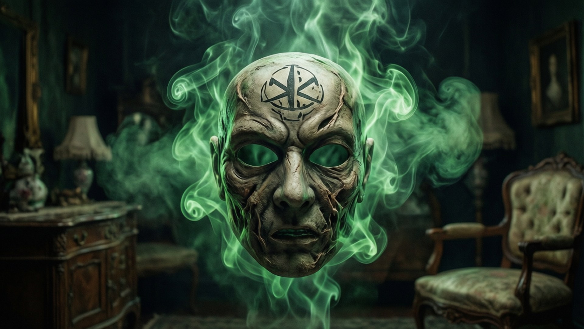 SCP-035 佔有面具 壁紙 — 一個令人毛骨悚然的鬼臉，帶有發光的綠色眼睛和旋轉的綠色煙霧，懸浮在燈光昏暗的復古客廳中。
