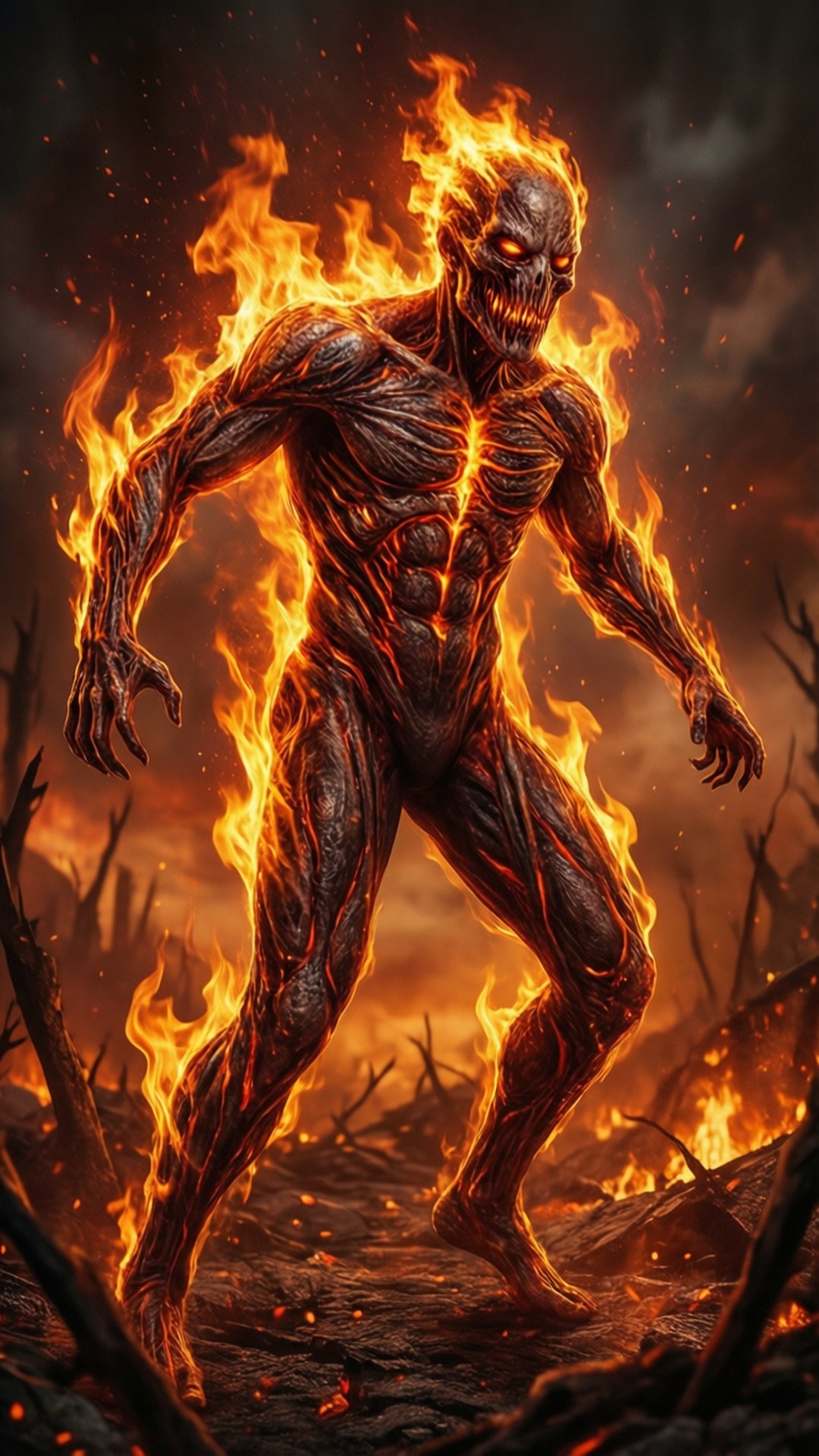 SCP-457 烈焰存在 壁紙 — 一個可怕的火焰人形生物，眼睛發光，在灰燼和燃燒樹木的焦土荒原上行進。