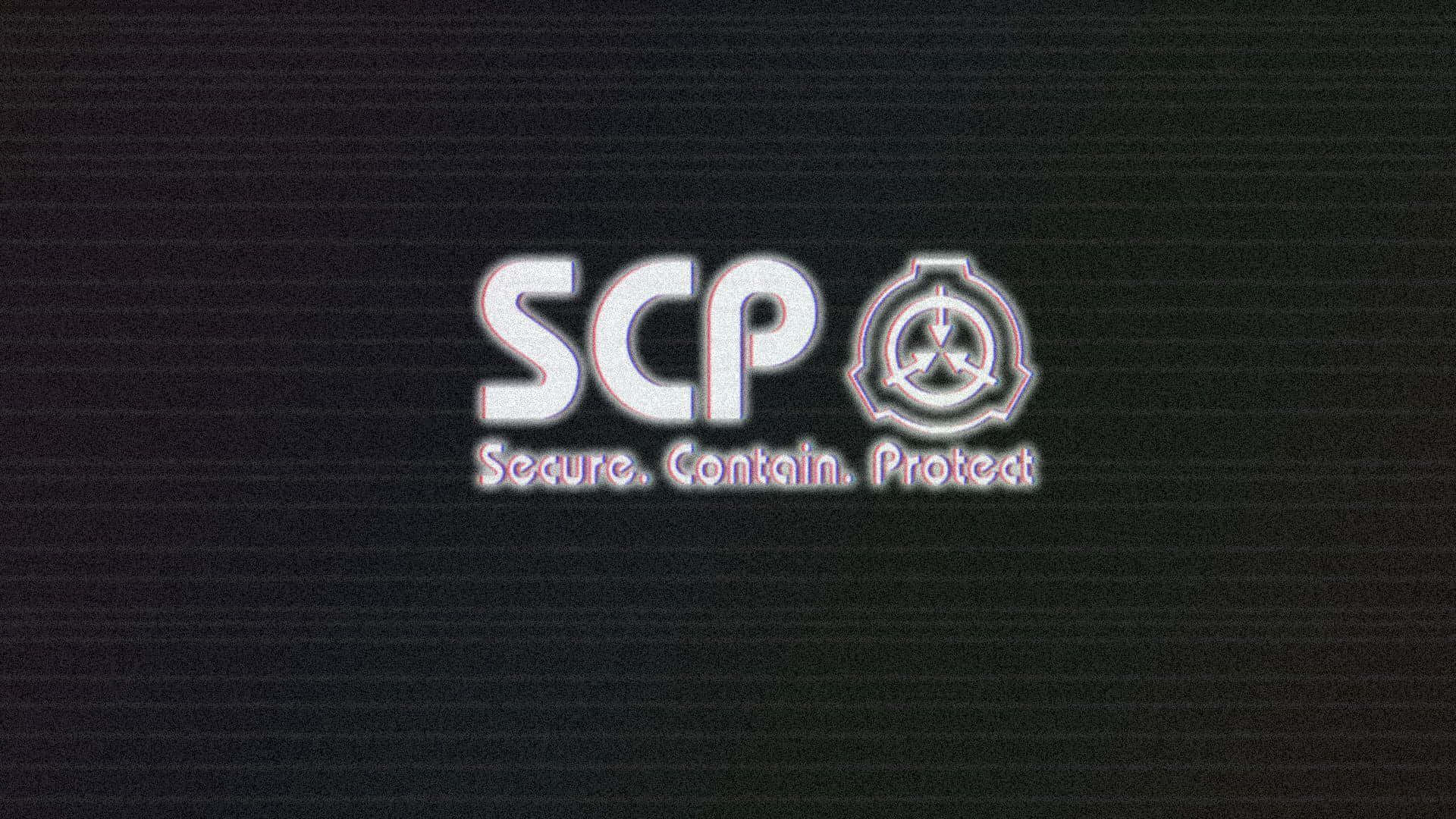 SCP 桌布 壁紙 — SCP Foundation 標誌在帶有掃描線的深色紋理背景上發出帶有故障效果的白色輪廓光芒。