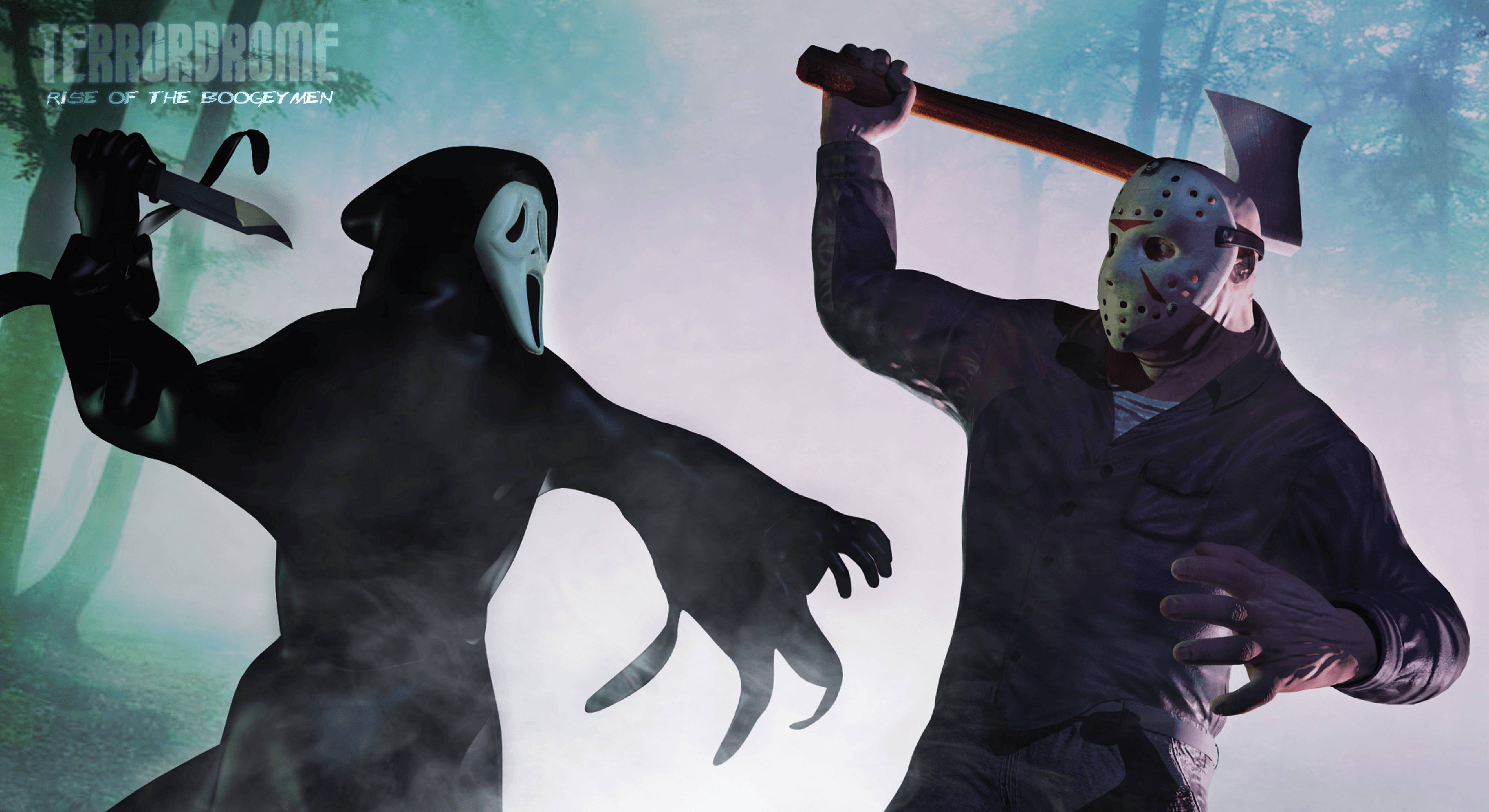 鬼臉殺手 桌布 壁紙 — Scream 與 Jason Voorhees 在迷霧森林中拔劍相向，在詭異的藍綠色燈光下交鋒。